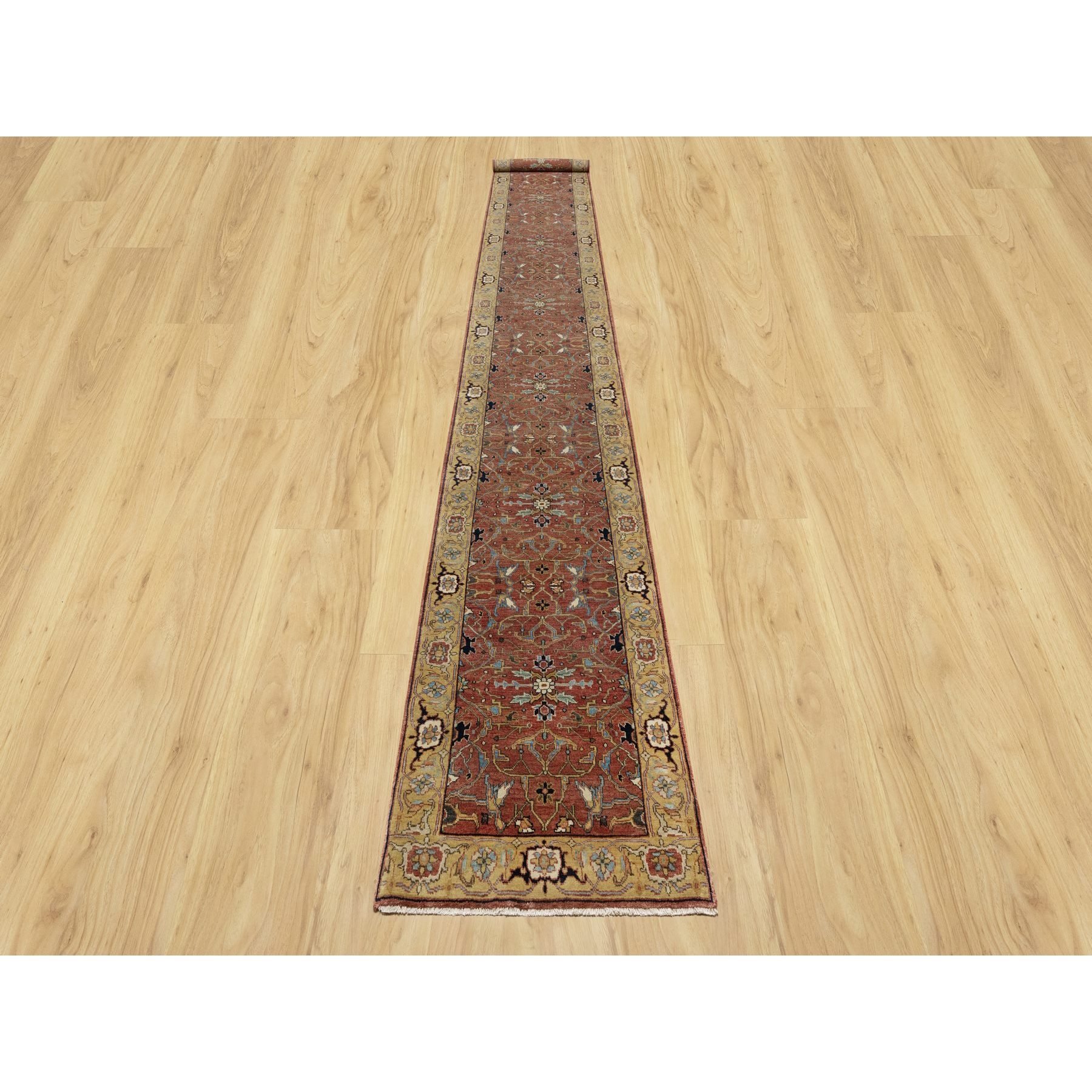 2'7"x18'2" Currant Red With Satin Sheen Gold, Soft Pile Vibrant Wool, Vegetable Dyes and Denser Weave, Antiqued Fine Heriz Re-Creation, Hand Knotted, Oriental XL Runner Rug Sh90915