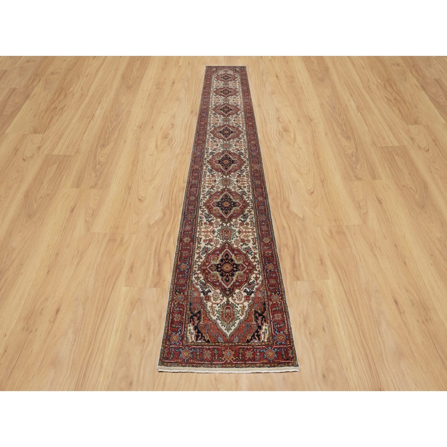 2'6"x16'1" Angora White, Antiqued Fine Heriz Re-Creation With Red Border, Vegetable Dyes, Hand Knotted With Large Motifs, Plush Soft Pile, Densely Woven, Extra Soft Wool, XL Runner, Oriental Rug Sh90924