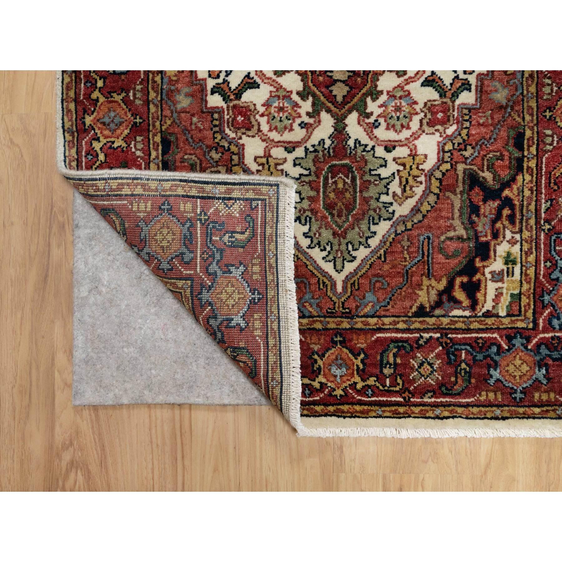 2'6"x16'1" Angora White, Antiqued Fine Heriz Re-Creation With Red Border, Vegetable Dyes, Hand Knotted With Large Motifs, Plush Soft Pile, Densely Woven, Extra Soft Wool, XL Runner, Oriental Rug Sh90924