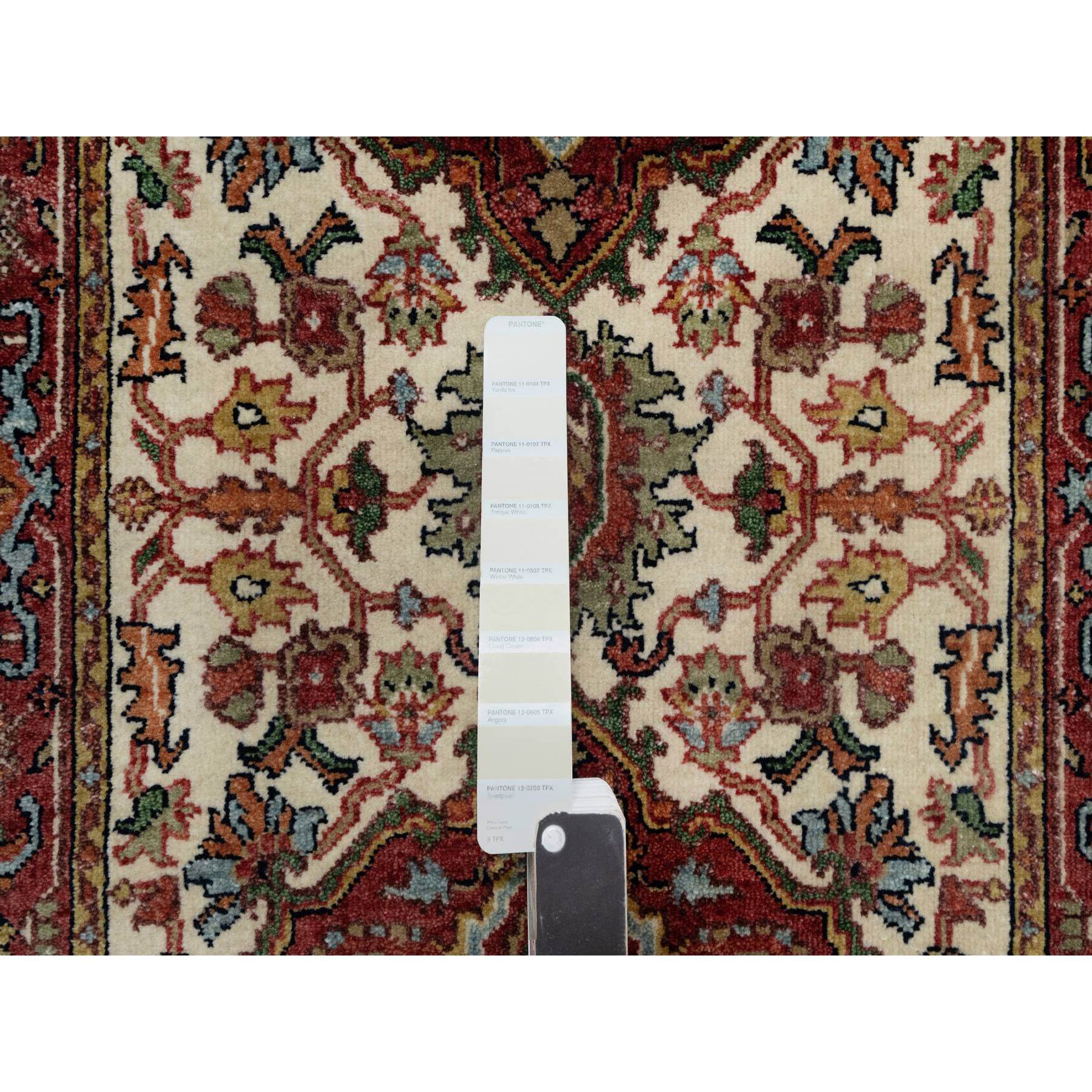 2'6"x16'1" Angora White, Antiqued Fine Heriz Re-Creation With Red Border, Vegetable Dyes, Hand Knotted With Large Motifs, Plush Soft Pile, Densely Woven, Extra Soft Wool, XL Runner, Oriental Rug Sh90924