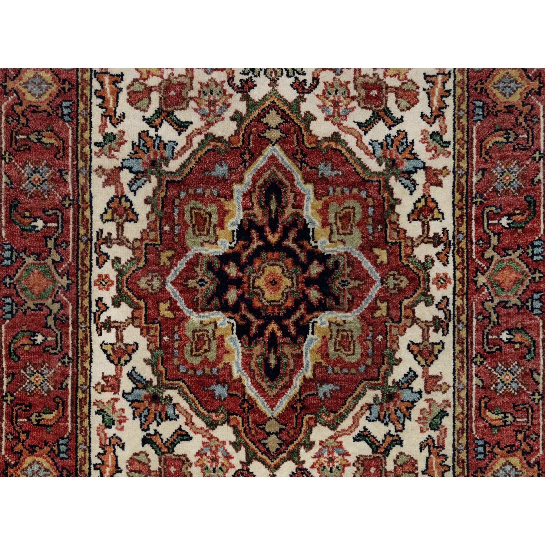 2'6"x16'1" Angora White, Antiqued Fine Heriz Re-Creation With Red Border, Vegetable Dyes, Hand Knotted With Large Motifs, Plush Soft Pile, Densely Woven, Extra Soft Wool, XL Runner, Oriental Rug Sh90924