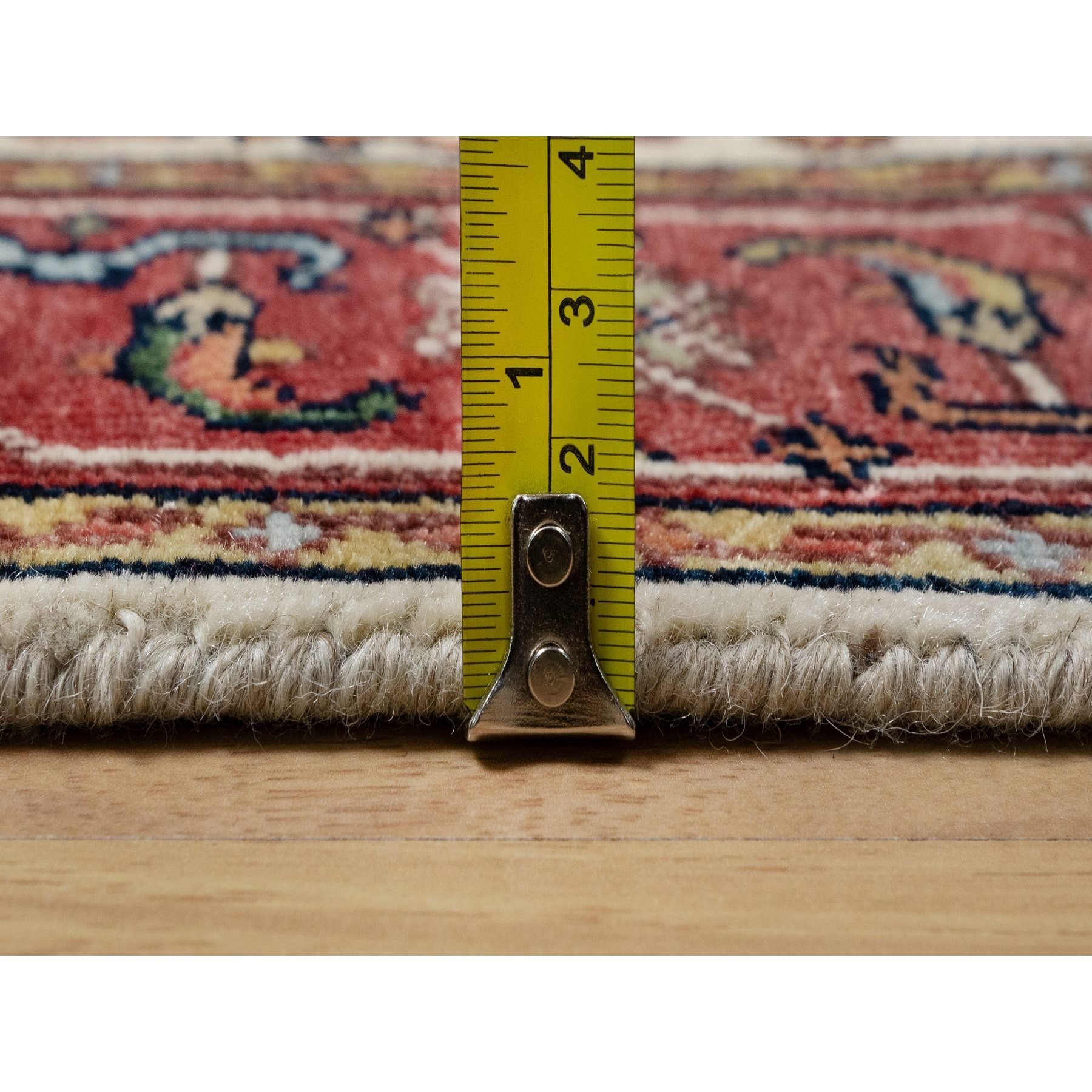 2'6"x16'1" Angora White, Antiqued Fine Heriz Re-Creation With Red Border, Vegetable Dyes, Hand Knotted With Large Motifs, Plush Soft Pile, Densely Woven, Extra Soft Wool, XL Runner, Oriental Rug Sh90924
