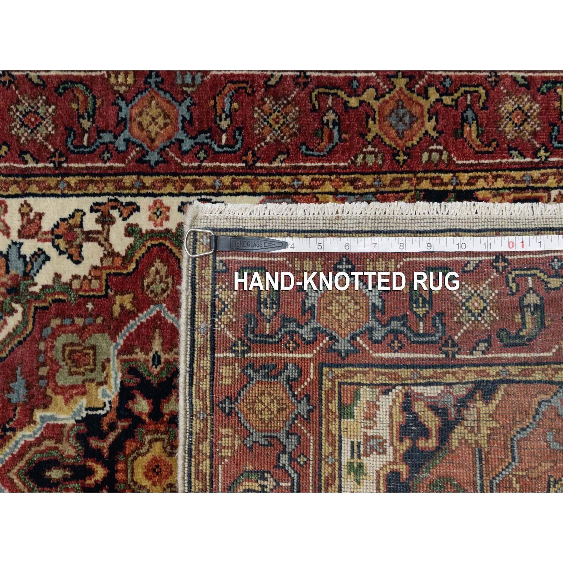2'6"x16'1" Angora White, Antiqued Fine Heriz Re-Creation With Red Border, Vegetable Dyes, Hand Knotted With Large Motifs, Plush Soft Pile, Densely Woven, Extra Soft Wool, XL Runner, Oriental Rug Sh90924
