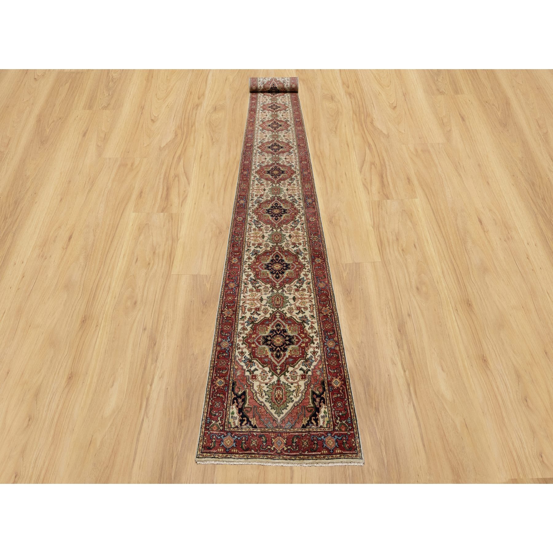 2'8"x28'1" Eggnog White and Cherry Red, Antiqued Vegetable Dyes Fine Heriz Re-Creation With Large Tribal Medallions, Densely Woven, Hand Knotted, Plush and Soft Pile, Organic Wool, XL Runner, Oriental Rug Sh90927
