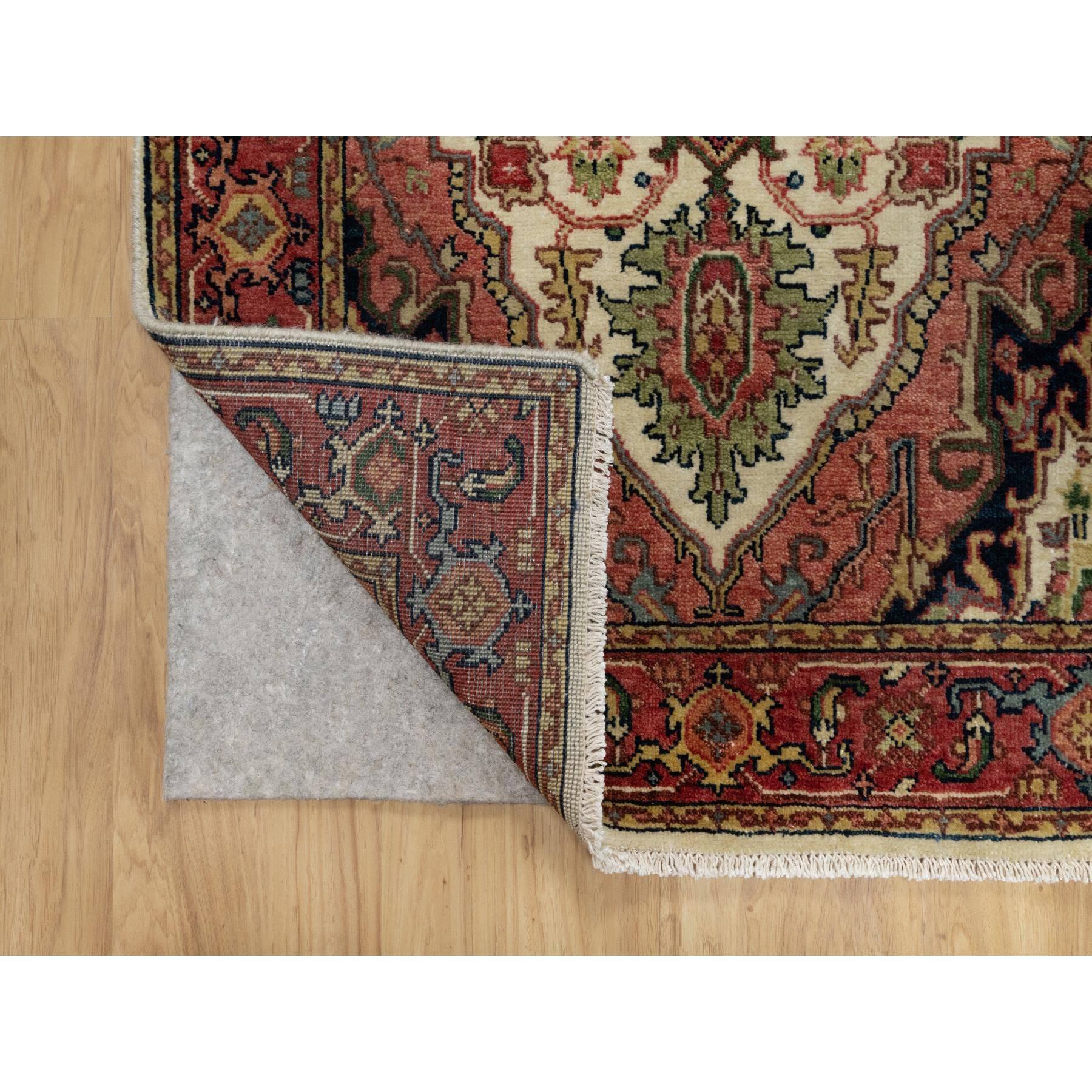 2'8"x28'1" Eggnog White and Cherry Red, Antiqued Vegetable Dyes Fine Heriz Re-Creation With Large Tribal Medallions, Densely Woven, Hand Knotted, Plush and Soft Pile, Organic Wool, XL Runner, Oriental Rug Sh90927