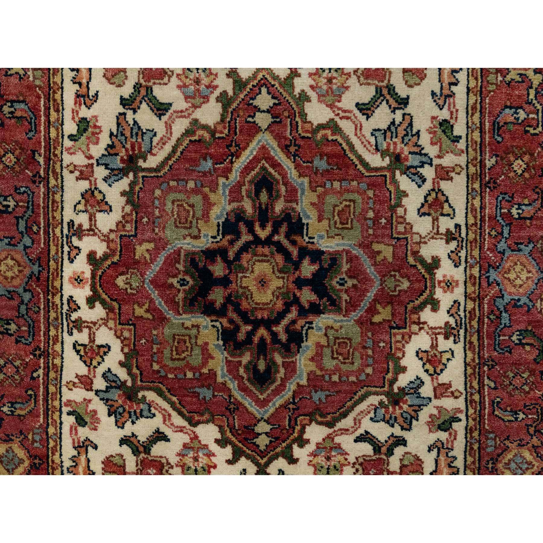 2'8"x28'1" Eggnog White and Cherry Red, Antiqued Vegetable Dyes Fine Heriz Re-Creation With Large Tribal Medallions, Densely Woven, Hand Knotted, Plush and Soft Pile, Organic Wool, XL Runner, Oriental Rug Sh90927