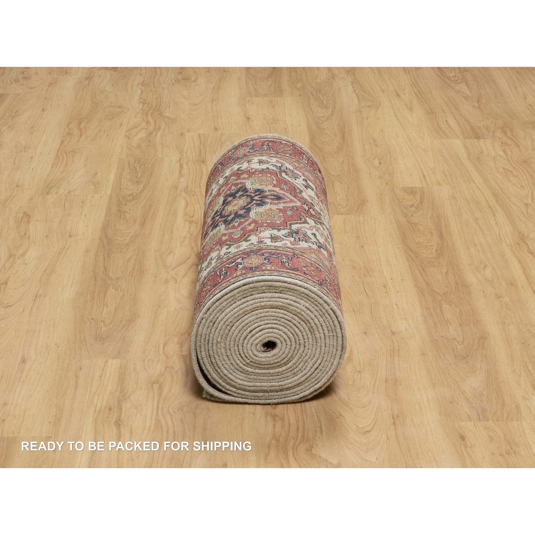 2'8"x28'1" Eggnog White and Cherry Red, Antiqued Vegetable Dyes Fine Heriz Re-Creation With Large Tribal Medallions, Densely Woven, Hand Knotted, Plush and Soft Pile, Organic Wool, XL Runner, Oriental Rug Sh90927
