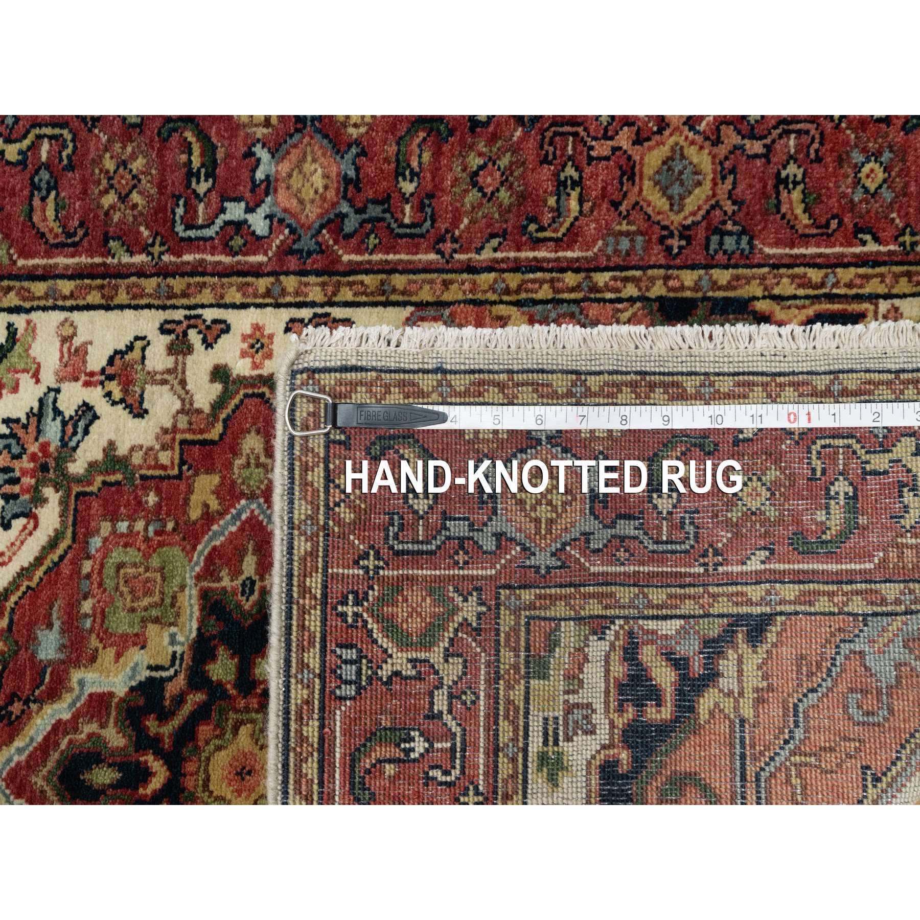 2'8"x28'1" Eggnog White and Cherry Red, Antiqued Vegetable Dyes Fine Heriz Re-Creation With Large Tribal Medallions, Densely Woven, Hand Knotted, Plush and Soft Pile, Organic Wool, XL Runner, Oriental Rug Sh90927