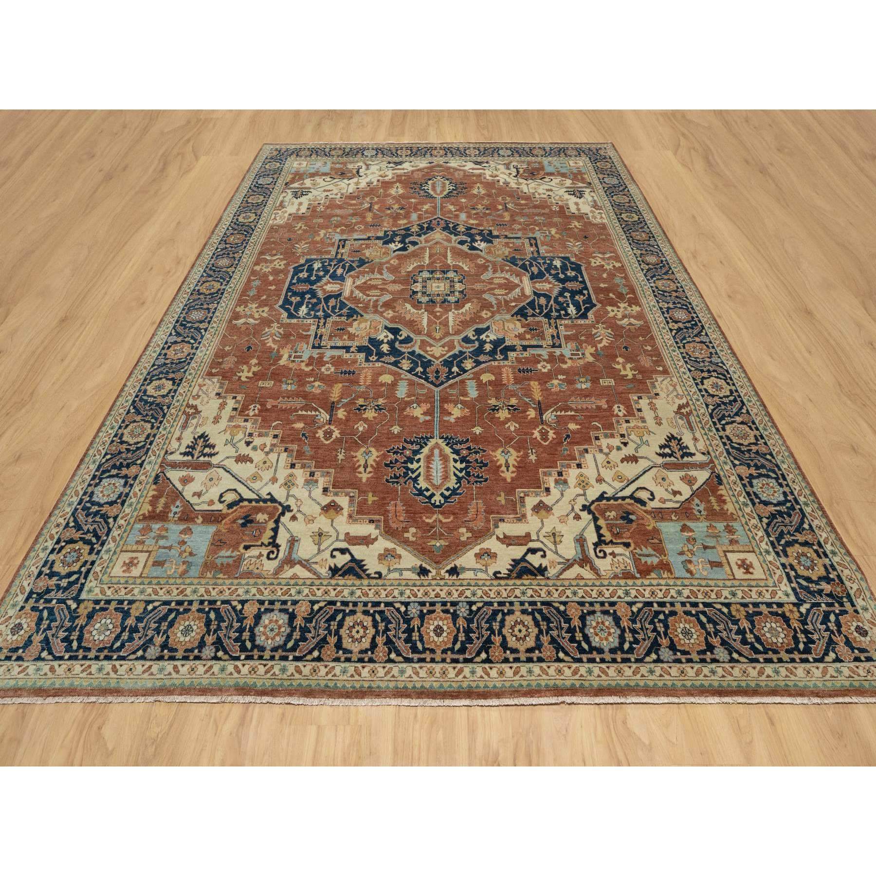 8'9"x12'1" Ginger Red and Naval Blue, Antiqued Fine Heriz Re-Creation Central Geometric Medallion, Denser Weave, Hand Knotted, Vegetable Dyes, Plush Pile, Natural Wool, Oriental Rug Sh90928