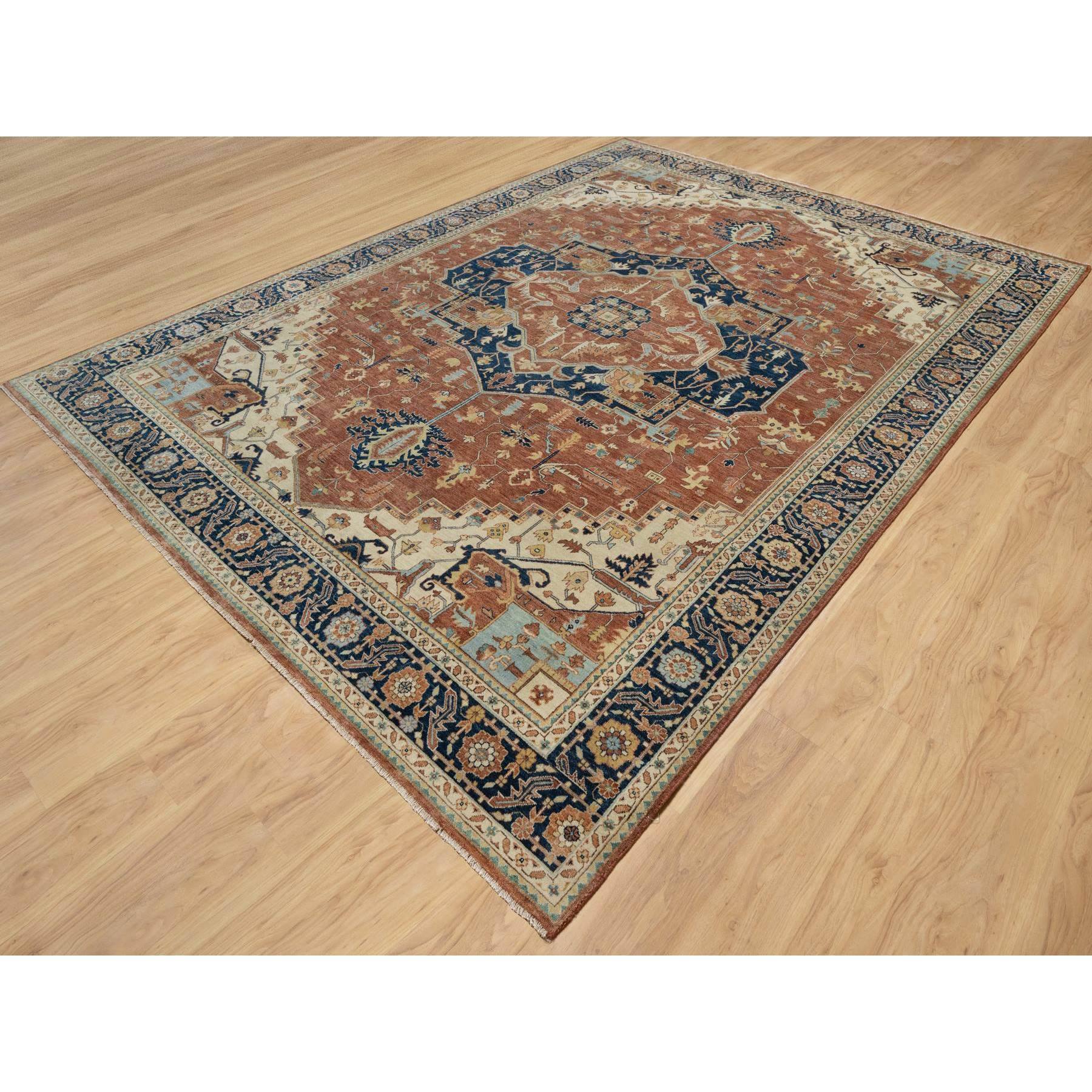 8'9"x12'1" Ginger Red and Naval Blue, Antiqued Fine Heriz Re-Creation Central Geometric Medallion, Denser Weave, Hand Knotted, Vegetable Dyes, Plush Pile, Natural Wool, Oriental Rug Sh90928