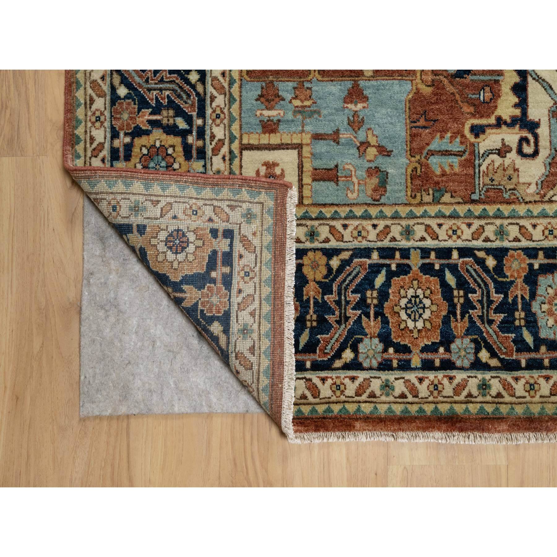 8'9"x12'1" Ginger Red and Naval Blue, Antiqued Fine Heriz Re-Creation Central Geometric Medallion, Denser Weave, Hand Knotted, Vegetable Dyes, Plush Pile, Natural Wool, Oriental Rug Sh90928