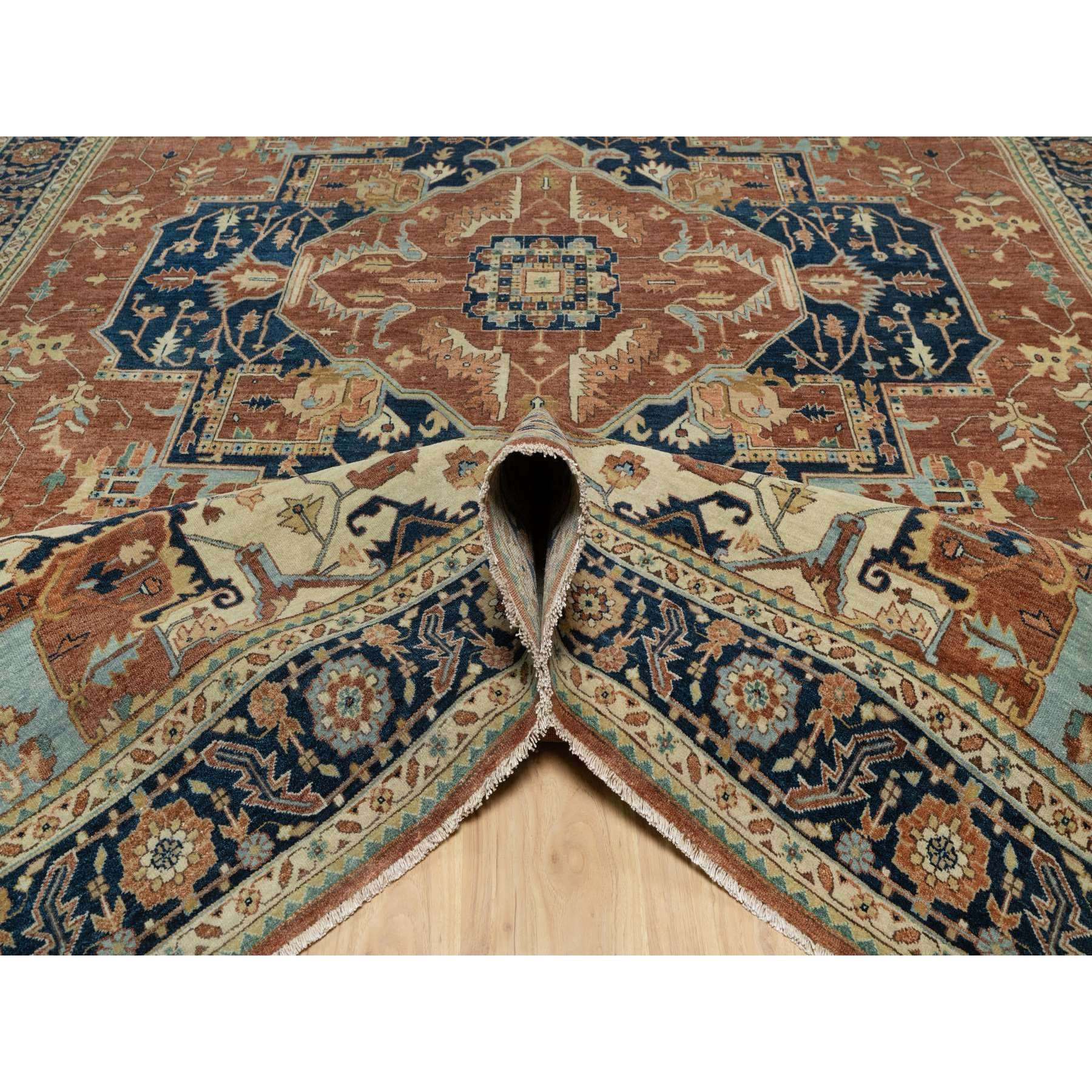 8'9"x12'1" Ginger Red and Naval Blue, Antiqued Fine Heriz Re-Creation Central Geometric Medallion, Denser Weave, Hand Knotted, Vegetable Dyes, Plush Pile, Natural Wool, Oriental Rug Sh90928