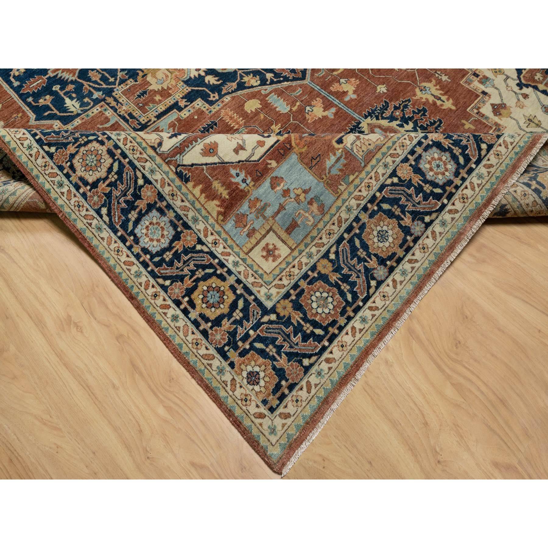 8'9"x12'1" Ginger Red and Naval Blue, Antiqued Fine Heriz Re-Creation Central Geometric Medallion, Denser Weave, Hand Knotted, Vegetable Dyes, Plush Pile, Natural Wool, Oriental Rug Sh90928