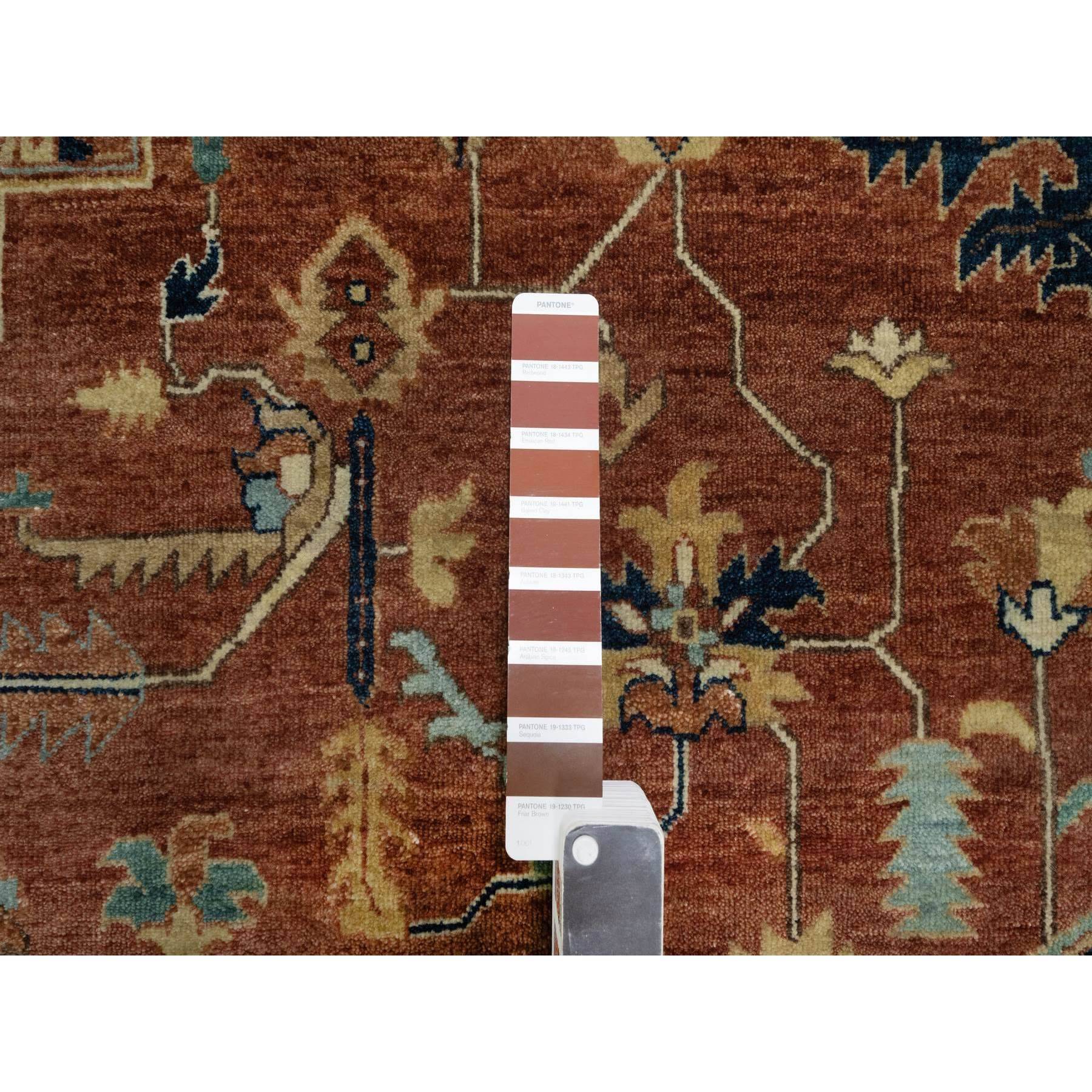 8'9"x12'1" Ginger Red and Naval Blue, Antiqued Fine Heriz Re-Creation Central Geometric Medallion, Denser Weave, Hand Knotted, Vegetable Dyes, Plush Pile, Natural Wool, Oriental Rug Sh90928
