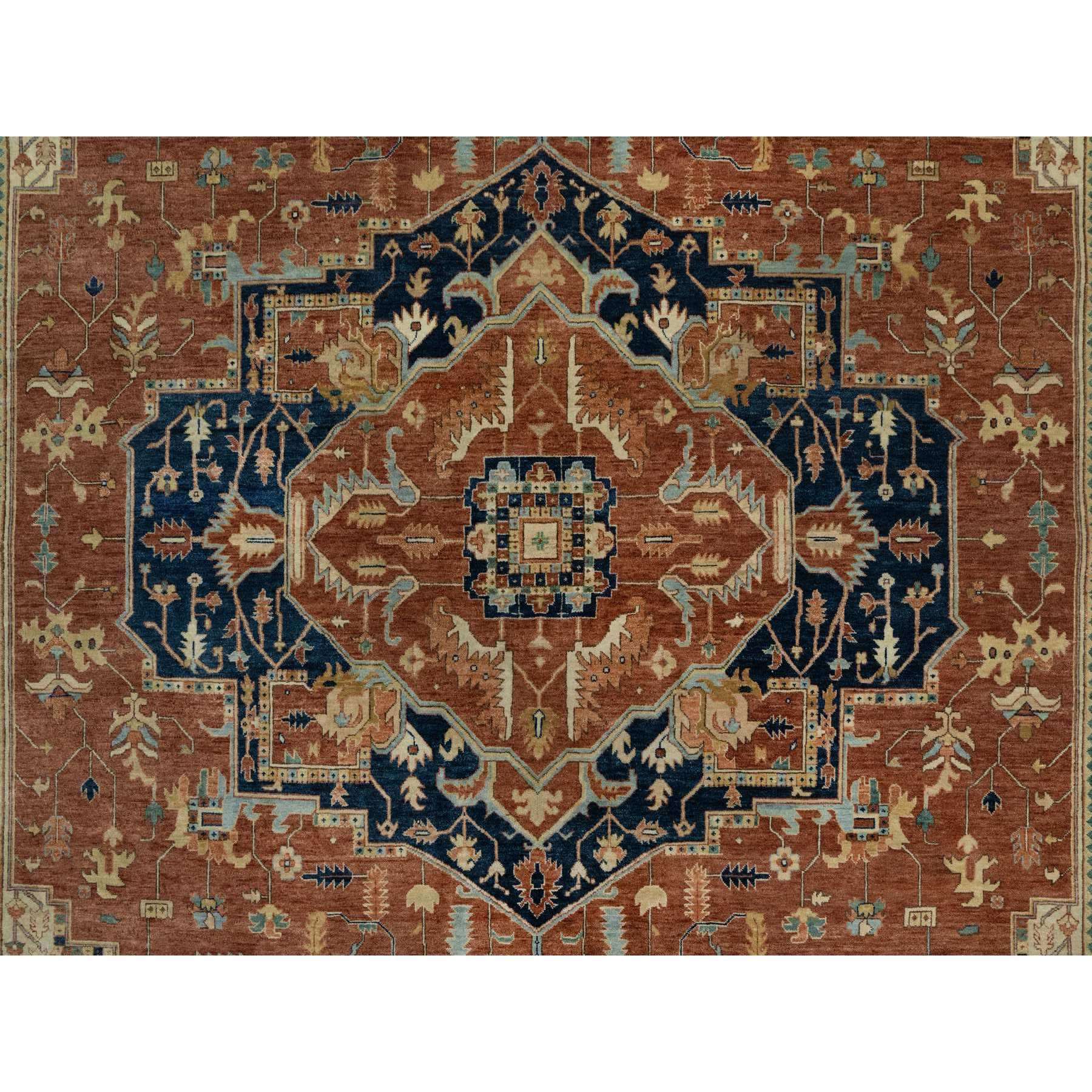8'9"x12'1" Ginger Red and Naval Blue, Antiqued Fine Heriz Re-Creation Central Geometric Medallion, Denser Weave, Hand Knotted, Vegetable Dyes, Plush Pile, Natural Wool, Oriental Rug Sh90928