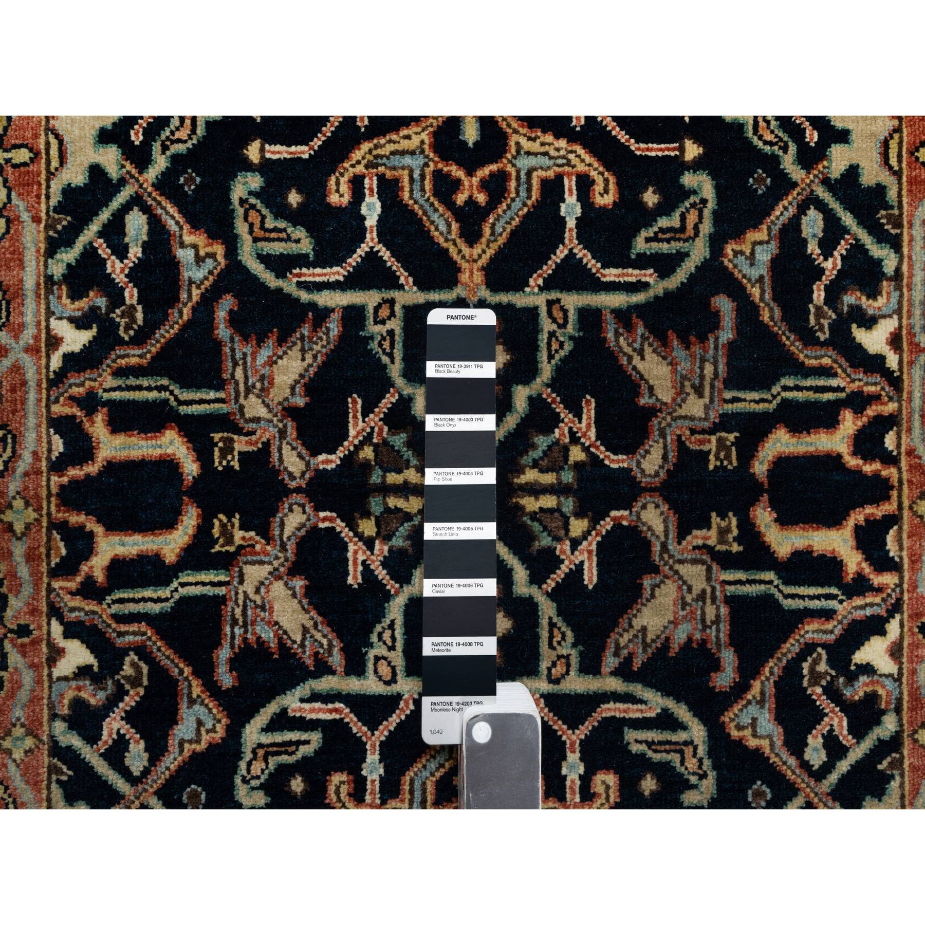 2'8"x12'1" Caviar Blue, Natural Dyes All Wool, Antiqued Fine Heriz Re-Creation, Hand Knotted All Over Vines Design, Denser Weave, Runner Oriental Rug Sh90932