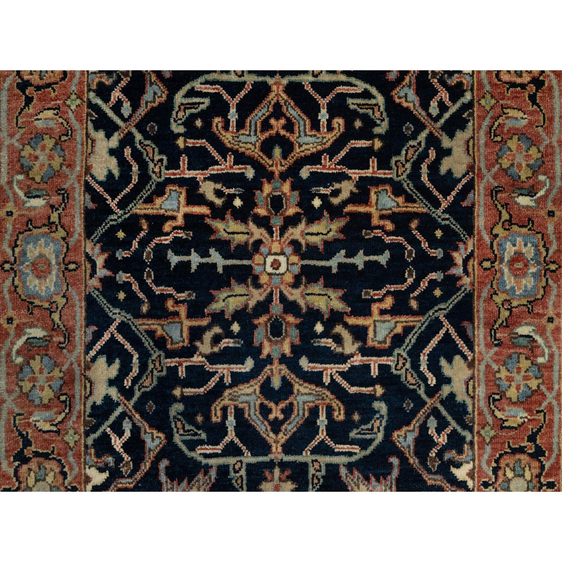 2'8"x12'1" Caviar Blue, Natural Dyes All Wool, Antiqued Fine Heriz Re-Creation, Hand Knotted All Over Vines Design, Denser Weave, Runner Oriental Rug Sh90932