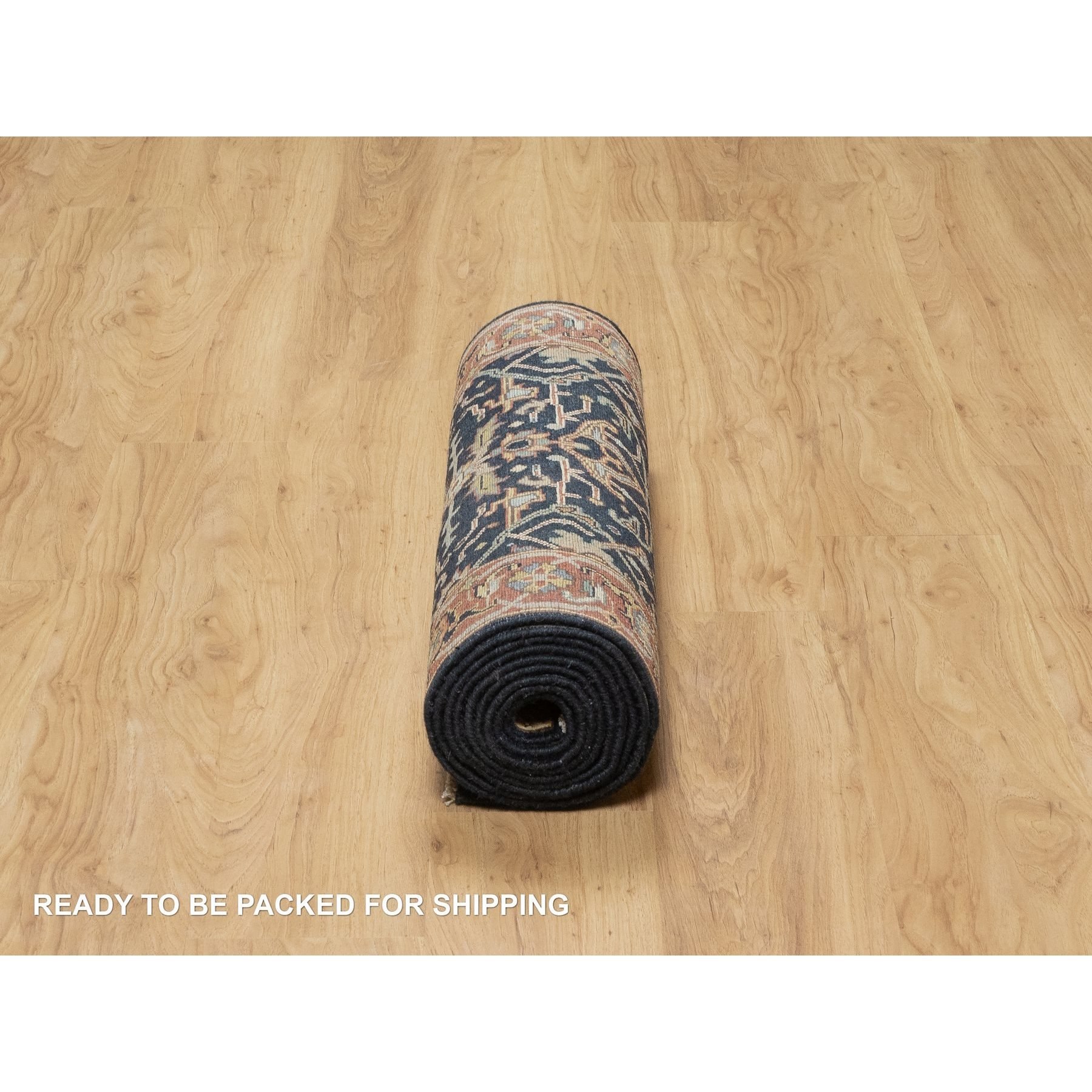 2'8"x12'1" Caviar Blue, Natural Dyes All Wool, Antiqued Fine Heriz Re-Creation, Hand Knotted All Over Vines Design, Denser Weave, Runner Oriental Rug Sh90932