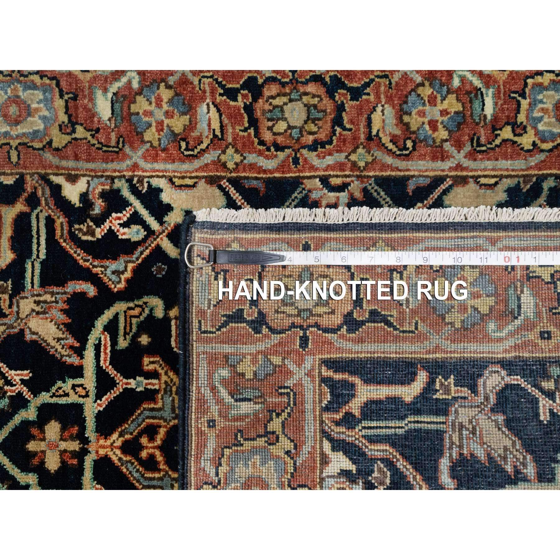 2'8"x12'1" Caviar Blue, Natural Dyes All Wool, Antiqued Fine Heriz Re-Creation, Hand Knotted All Over Vines Design, Denser Weave, Runner Oriental Rug Sh90932