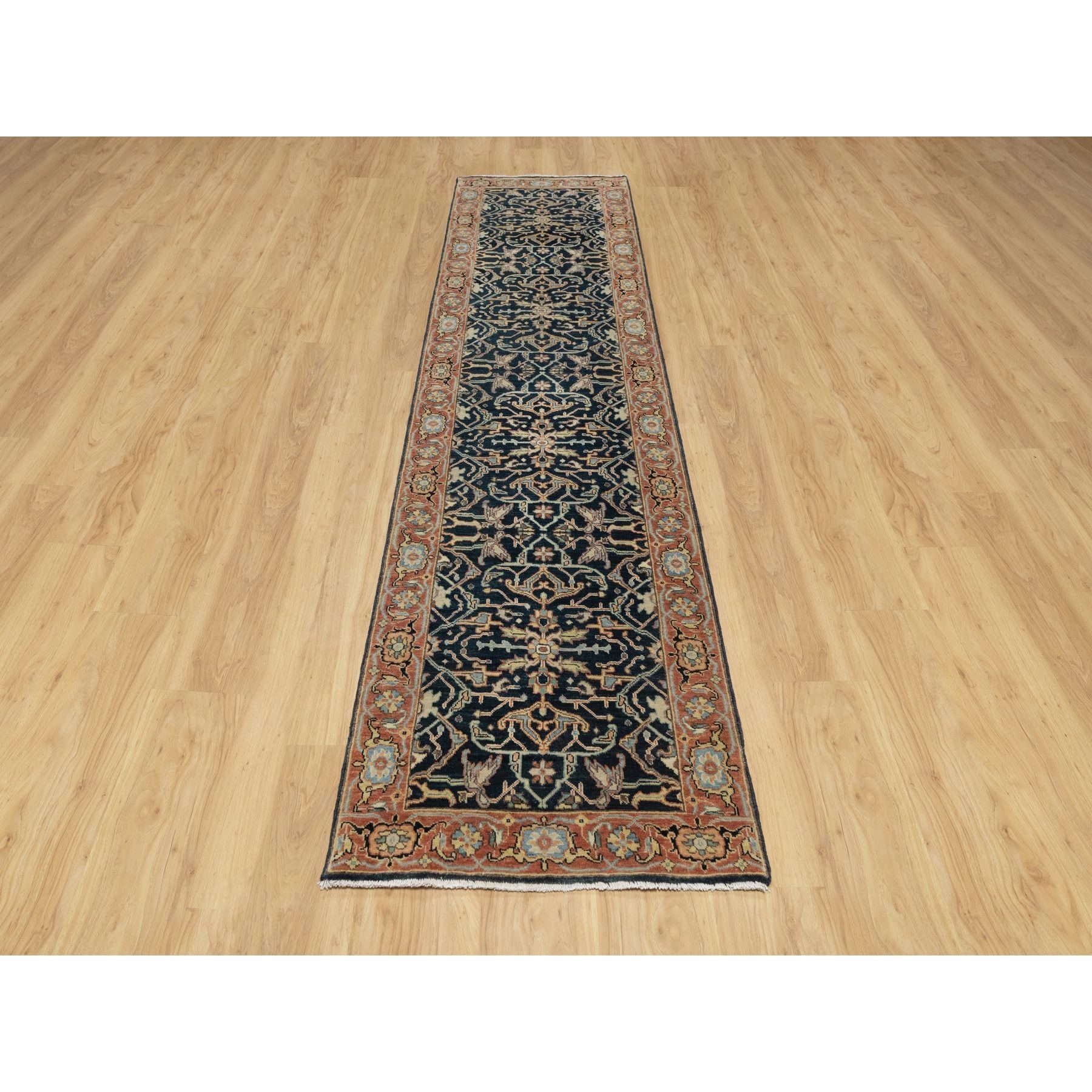 2'6"x10'1" Prussian Blue and Rust Red, Vegetable Dyes, Denser Weave, Hand Knotted Soft Pile, Antiqued Fine Heriz Re-Creation, Soft and Velvety Wool, Runner Oriental Rug Sh90933