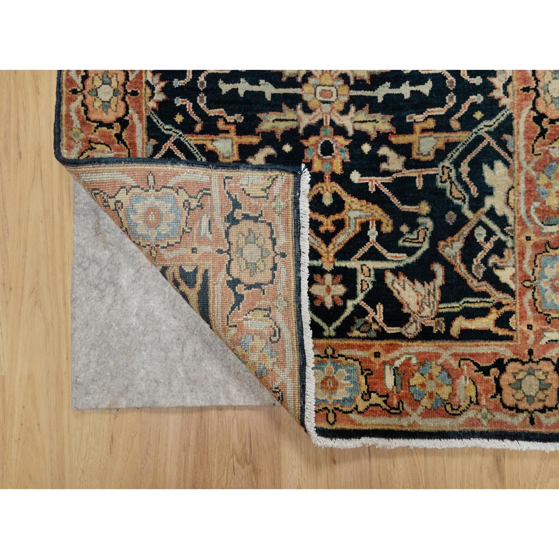 2'6"x10'1" Prussian Blue and Rust Red, Vegetable Dyes, Denser Weave, Hand Knotted Soft Pile, Antiqued Fine Heriz Re-Creation, Soft and Velvety Wool, Runner Oriental Rug Sh90933