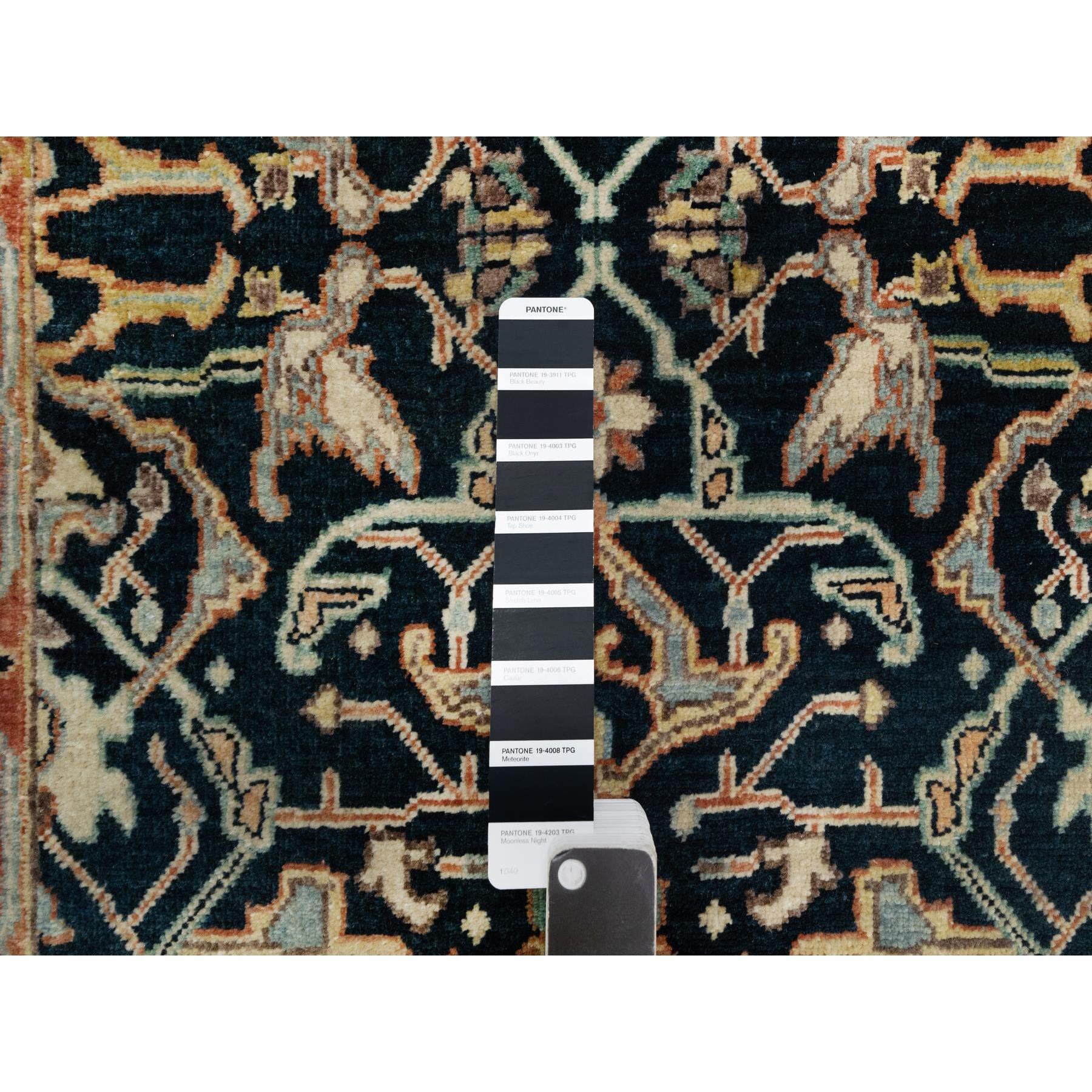 2'6"x10'1" Prussian Blue and Rust Red, Vegetable Dyes, Denser Weave, Hand Knotted Soft Pile, Antiqued Fine Heriz Re-Creation, Soft and Velvety Wool, Runner Oriental Rug Sh90933