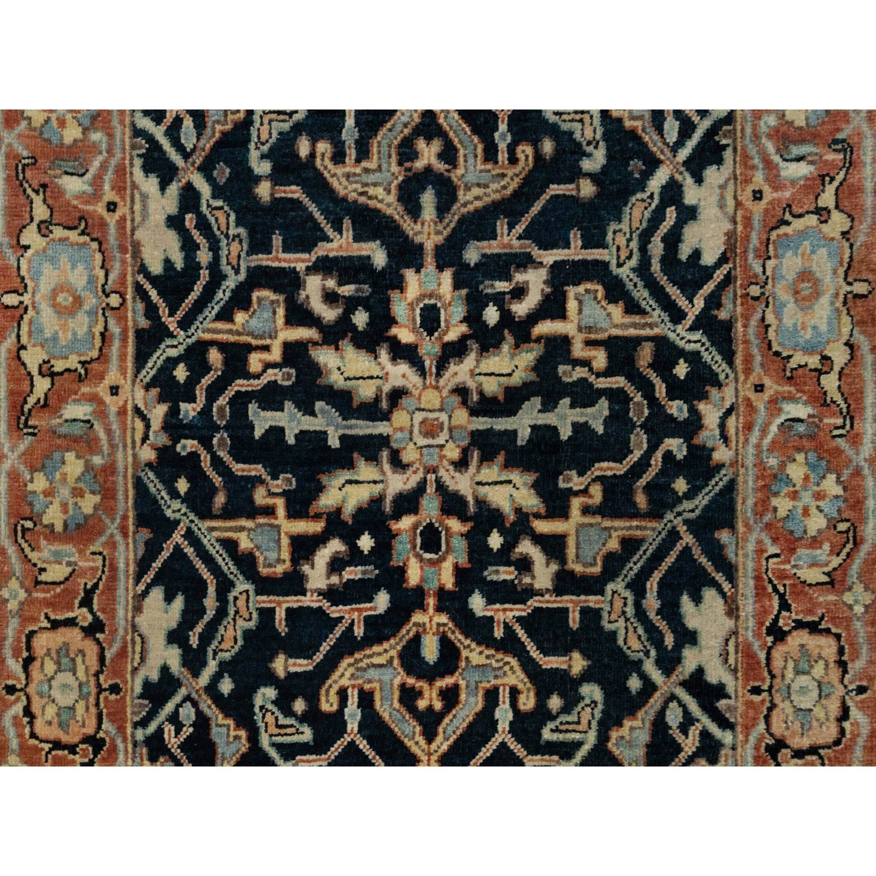 2'6"x10'1" Prussian Blue and Rust Red, Vegetable Dyes, Denser Weave, Hand Knotted Soft Pile, Antiqued Fine Heriz Re-Creation, Soft and Velvety Wool, Runner Oriental Rug Sh90933