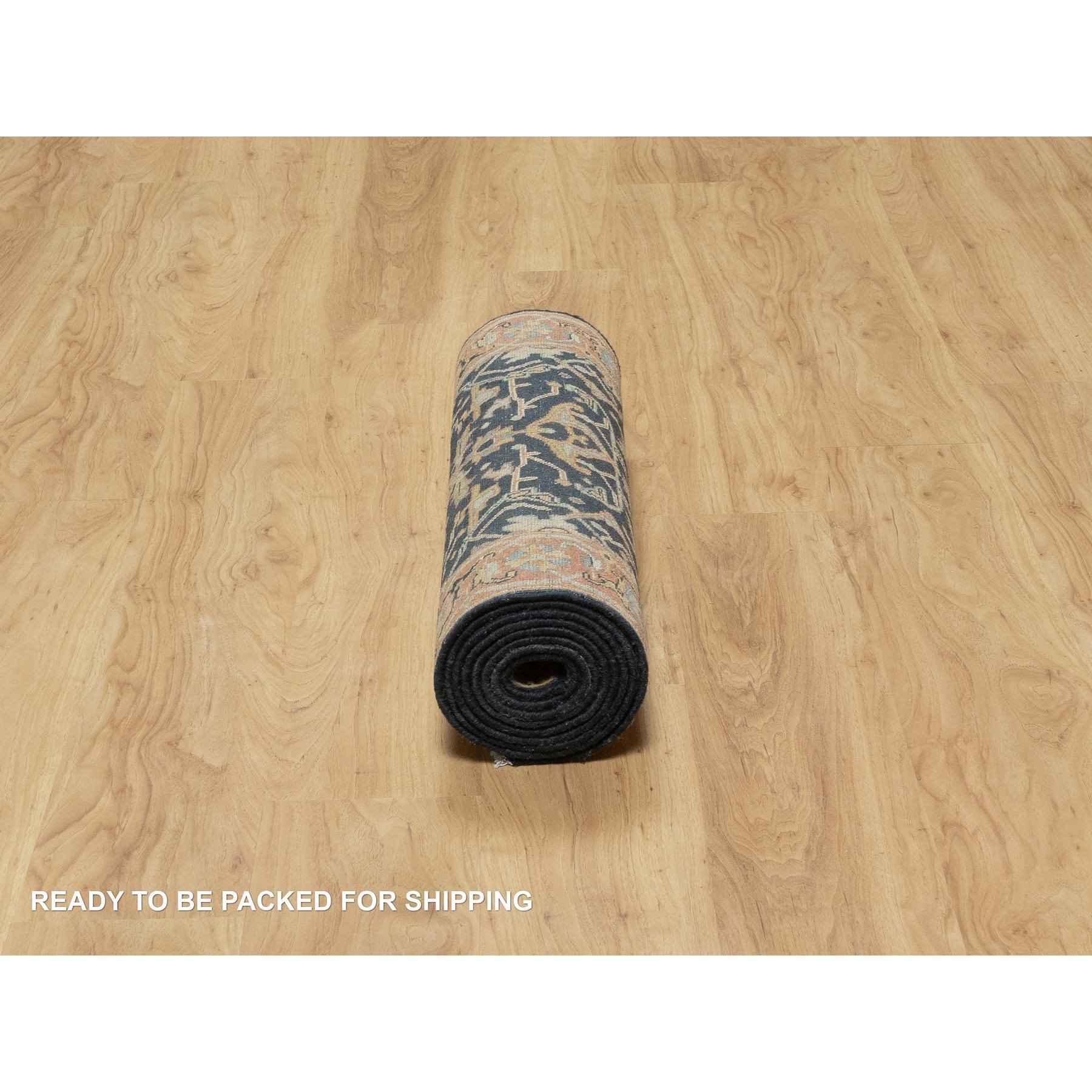 2'6"x10'1" Prussian Blue and Rust Red, Vegetable Dyes, Denser Weave, Hand Knotted Soft Pile, Antiqued Fine Heriz Re-Creation, Soft and Velvety Wool, Runner Oriental Rug Sh90933