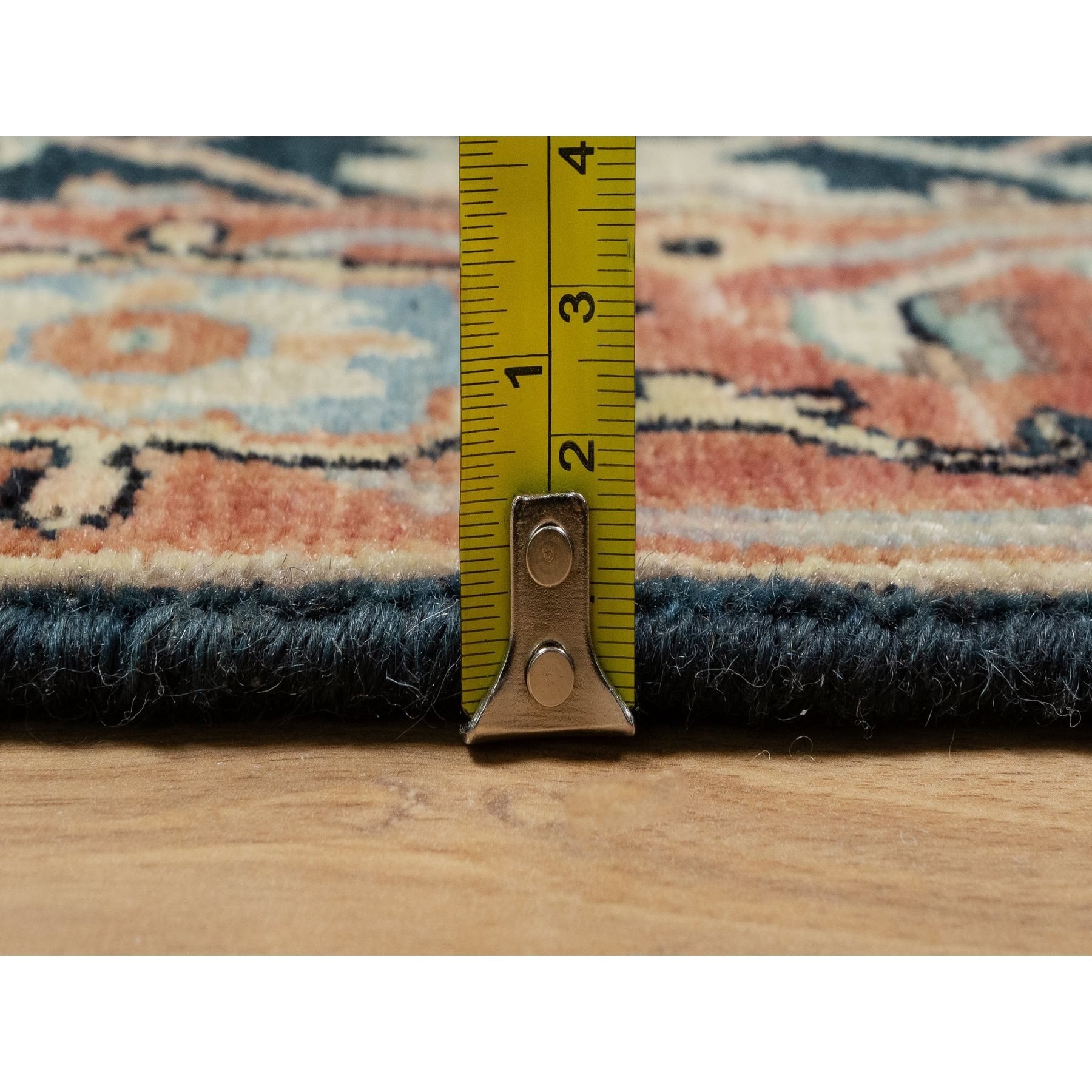 2'6"x10'1" Prussian Blue and Rust Red, Vegetable Dyes, Denser Weave, Hand Knotted Soft Pile, Antiqued Fine Heriz Re-Creation, Soft and Velvety Wool, Runner Oriental Rug Sh90933