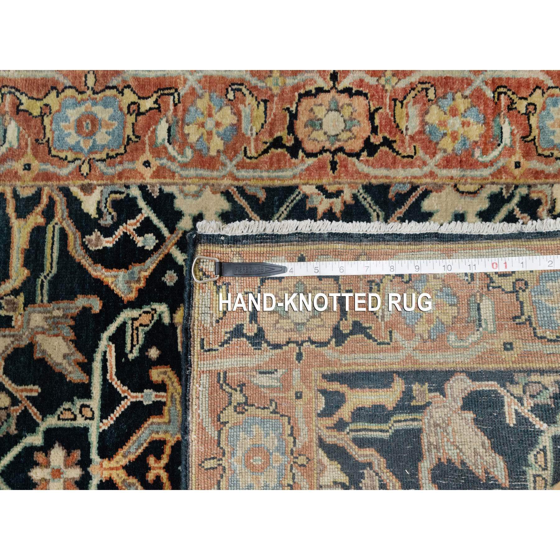 2'6"x10'1" Prussian Blue and Rust Red, Vegetable Dyes, Denser Weave, Hand Knotted Soft Pile, Antiqued Fine Heriz Re-Creation, Soft and Velvety Wool, Runner Oriental Rug Sh90933