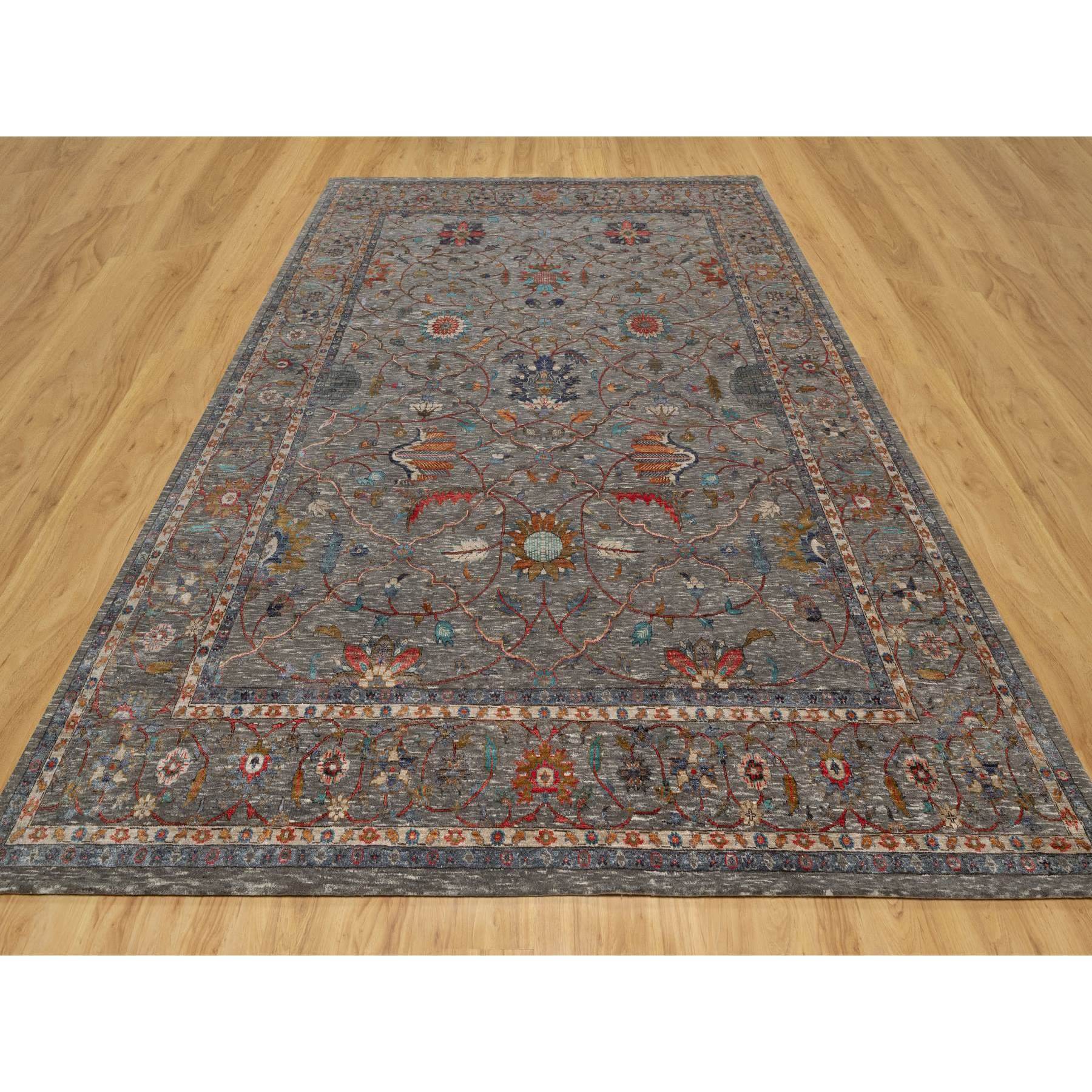 9'x12'1" Brunette Brown, Persian Scrolls Leaf and Flower Design, Hand Knotted Striae Pattern, Silk with Textured Wool, Oriental Rug Sh90941