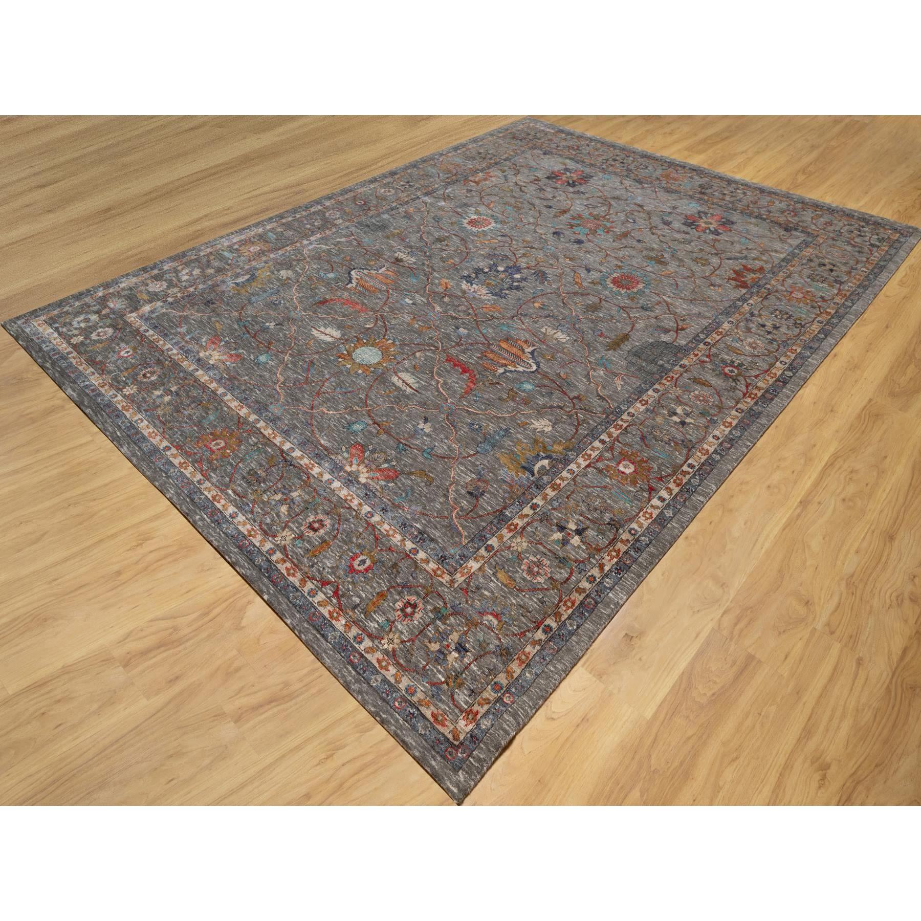 9'x12'1" Brunette Brown, Persian Scrolls Leaf and Flower Design, Hand Knotted Striae Pattern, Silk with Textured Wool, Oriental Rug Sh90941