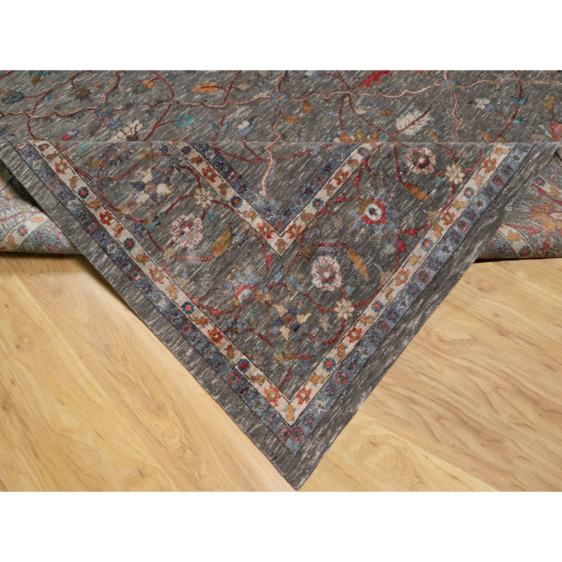 9'x12'1" Brunette Brown, Persian Scrolls Leaf and Flower Design, Hand Knotted Striae Pattern, Silk with Textured Wool, Oriental Rug Sh90941