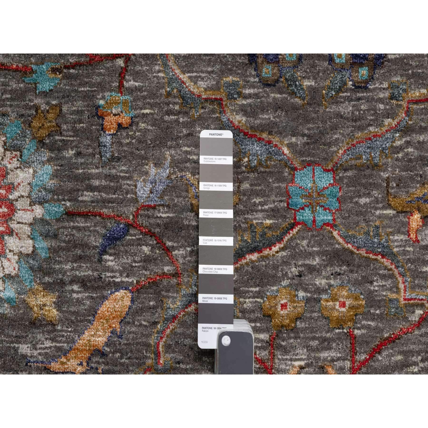 9'x12'1" Brunette Brown, Persian Scrolls Leaf and Flower Design, Hand Knotted Striae Pattern, Silk with Textured Wool, Oriental Rug Sh90941