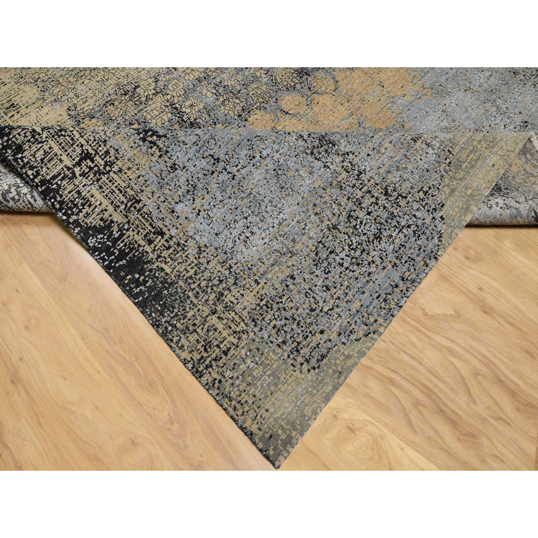 10'x14' Ecru Brown, Broken and Erased Persian Goombad Design, Hand Knotted Wool and Silk Oxidized, Oriental Rug Sh90946