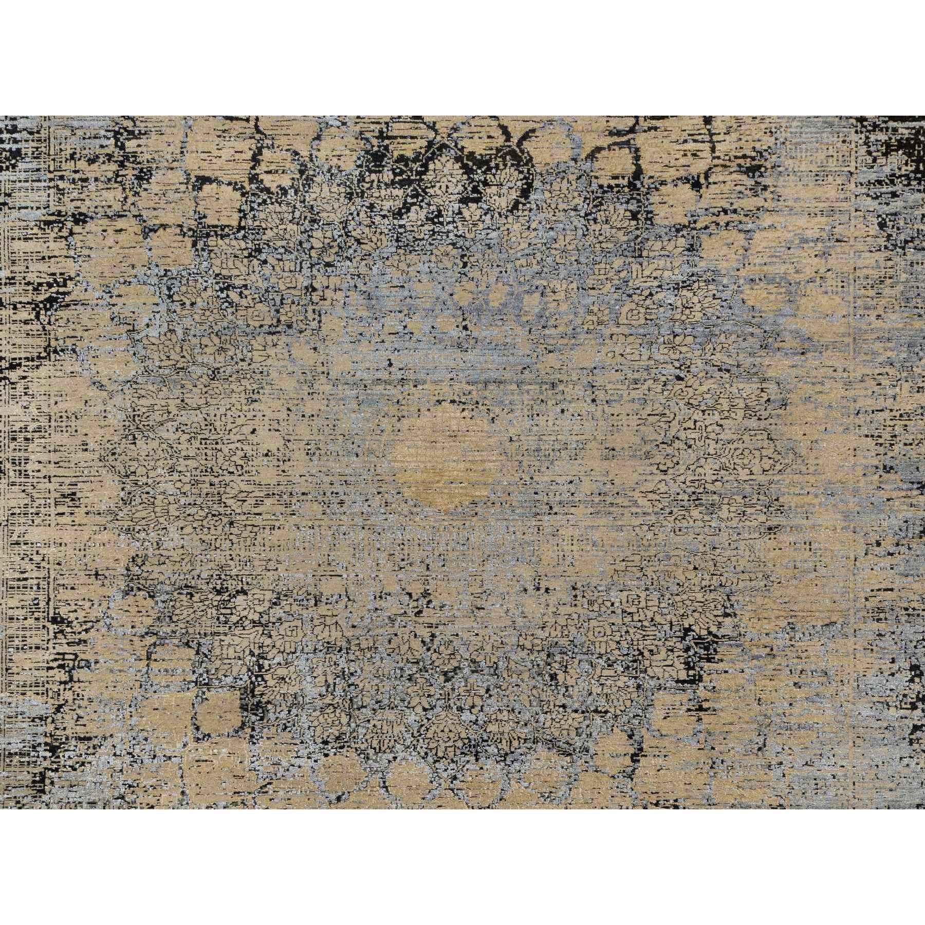10'x14' Ecru Brown, Broken and Erased Persian Goombad Design, Hand Knotted Wool and Silk Oxidized, Oriental Rug Sh90946