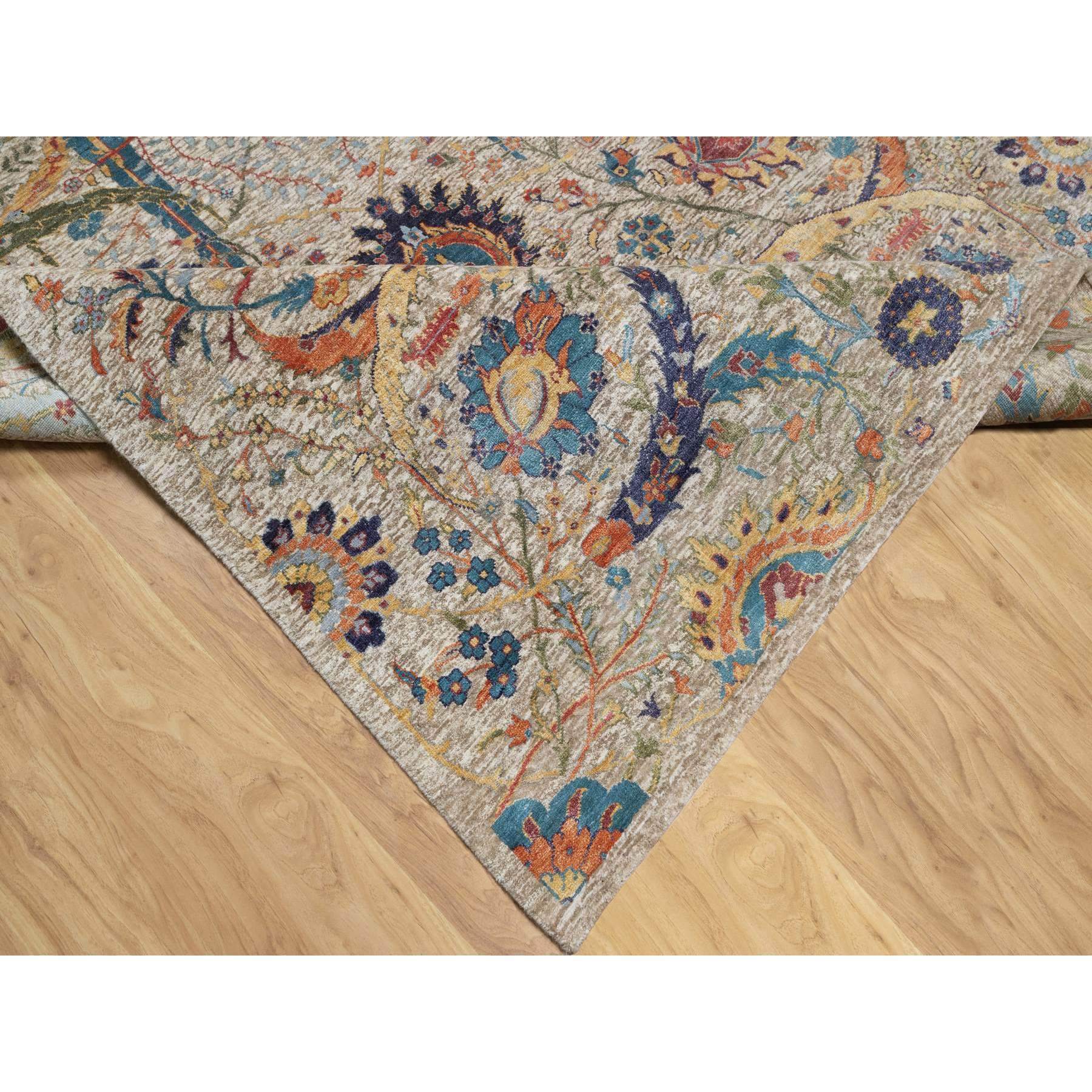 6'3"x9'1" Cosmic Latte White, Soft and Plush Pile, Hand Knotted With Sickle Leaf Design, Silk With Textured Wool, Oriental Rug Sh90947