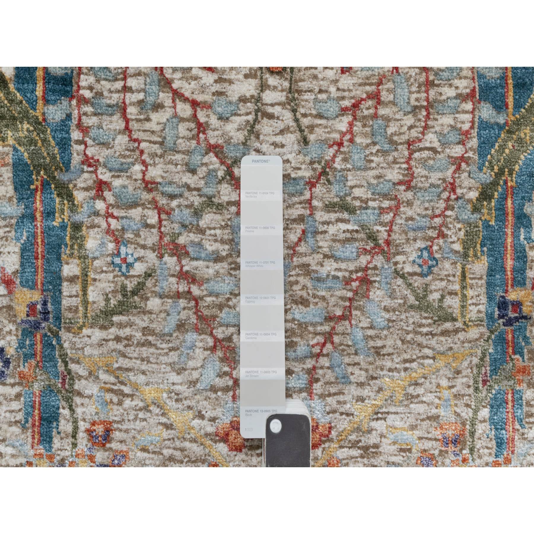 6'3"x9'1" Cosmic Latte White, Soft and Plush Pile, Hand Knotted With Sickle Leaf Design, Silk With Textured Wool, Oriental Rug Sh90947