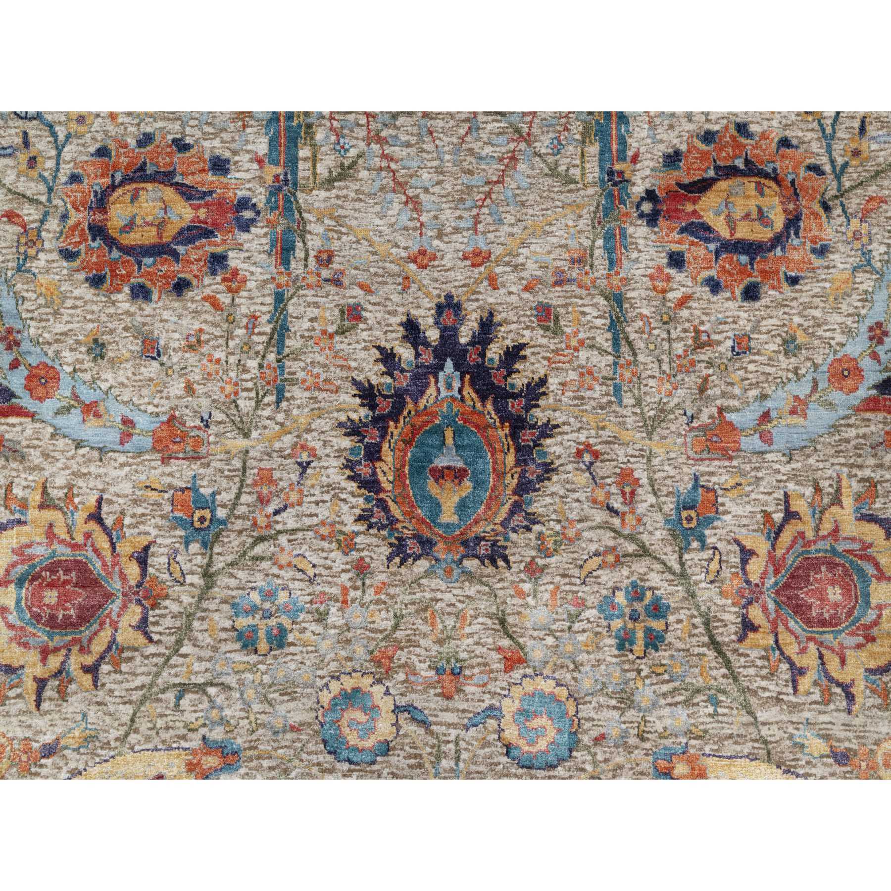 6'3"x9'1" Cosmic Latte White, Soft and Plush Pile, Hand Knotted With Sickle Leaf Design, Silk With Textured Wool, Oriental Rug Sh90947