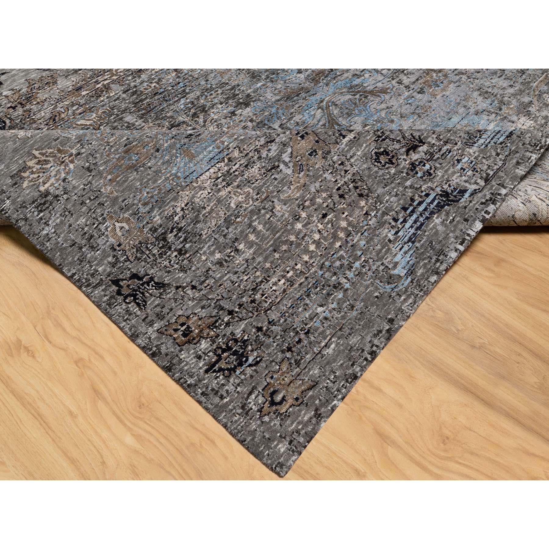 10'x14' Charcoal Gray, Transitional Persian Influence Erased Medallion Design, Borderless, Silk with Textured Wool, Hand Knotted Oriental Rug Sh90954