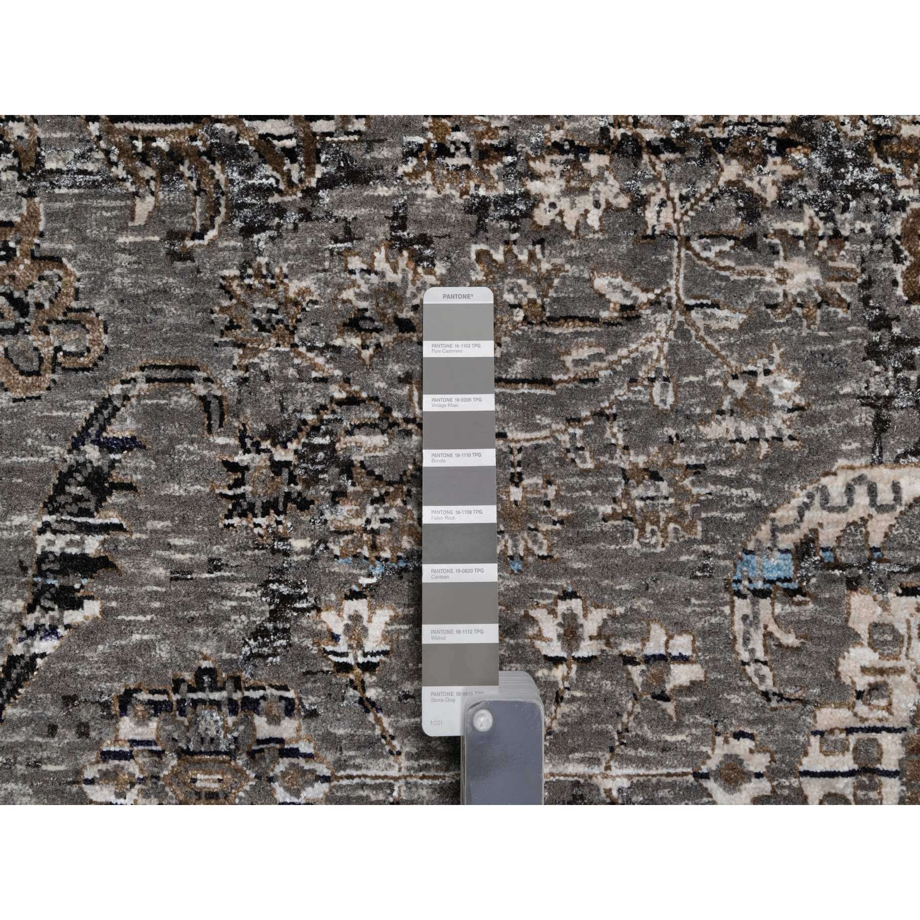 10'x14' Charcoal Gray, Transitional Persian Influence Erased Medallion Design, Borderless, Silk with Textured Wool, Hand Knotted Oriental Rug Sh90954