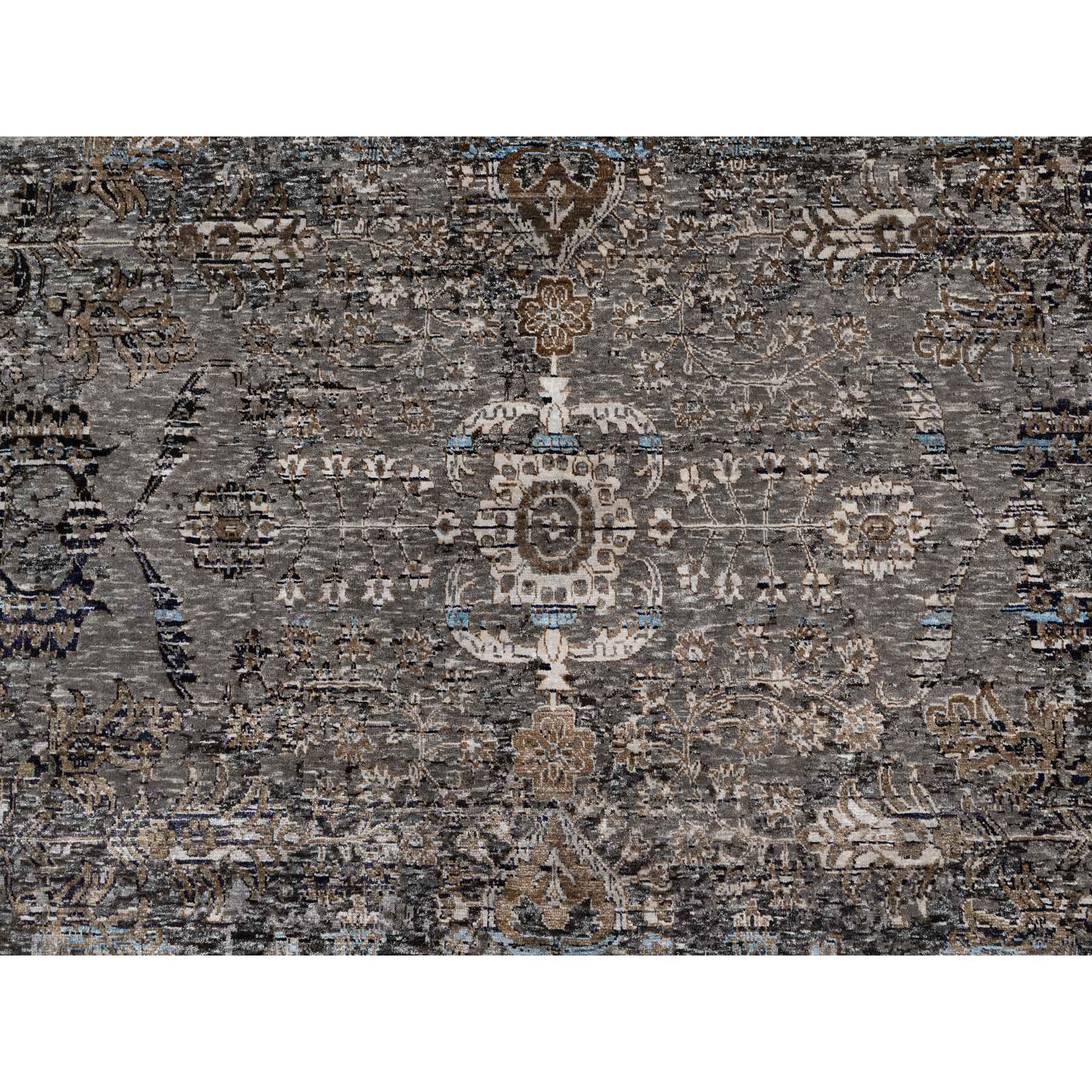 10'x14' Charcoal Gray, Transitional Persian Influence Erased Medallion Design, Borderless, Silk with Textured Wool, Hand Knotted Oriental Rug Sh90954