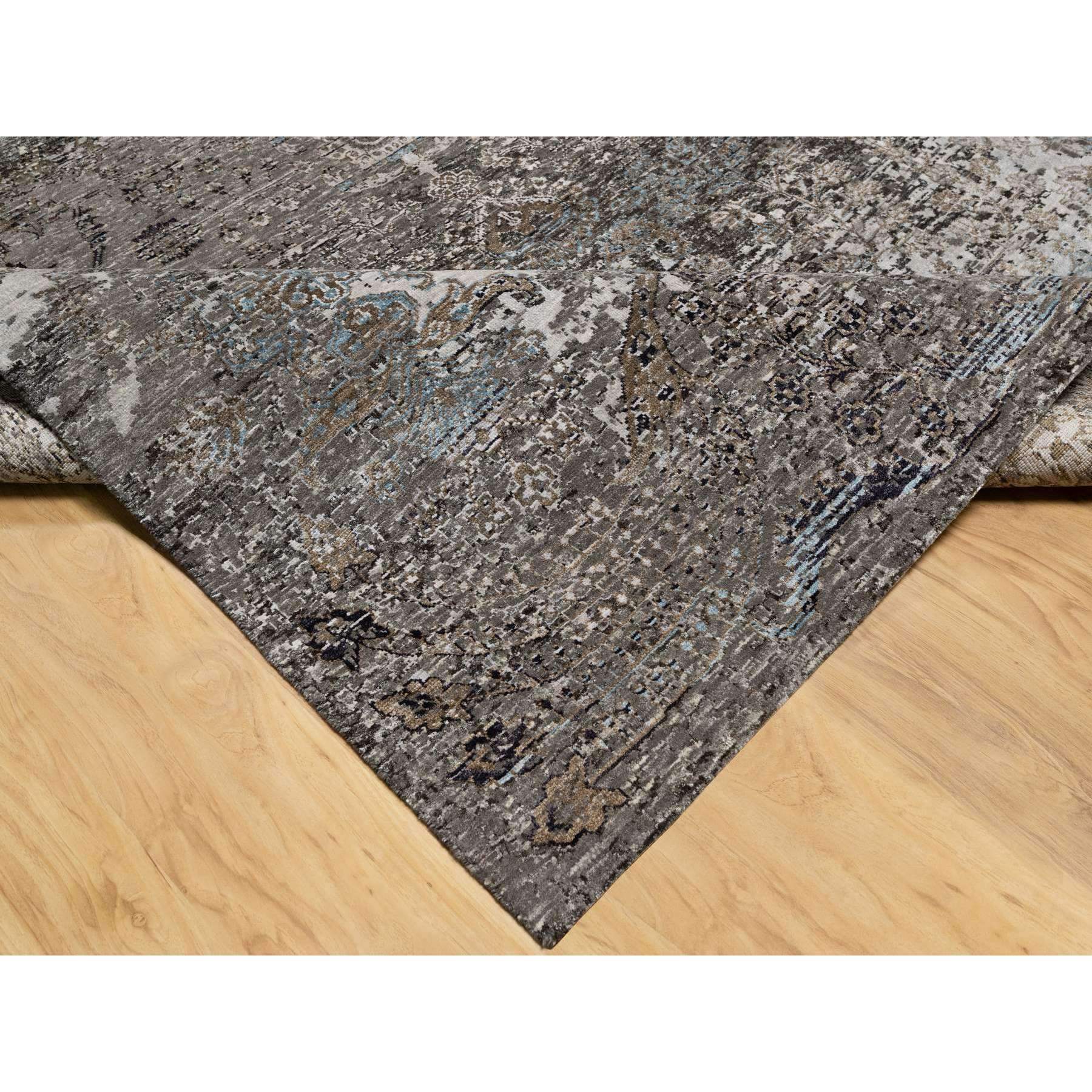 8'x9'10" Intense Gray, Hand Knotted, Transitional Persian Influence Erased Medallion Design, Silk with Textured Wool, Oriental Rug Sh90955