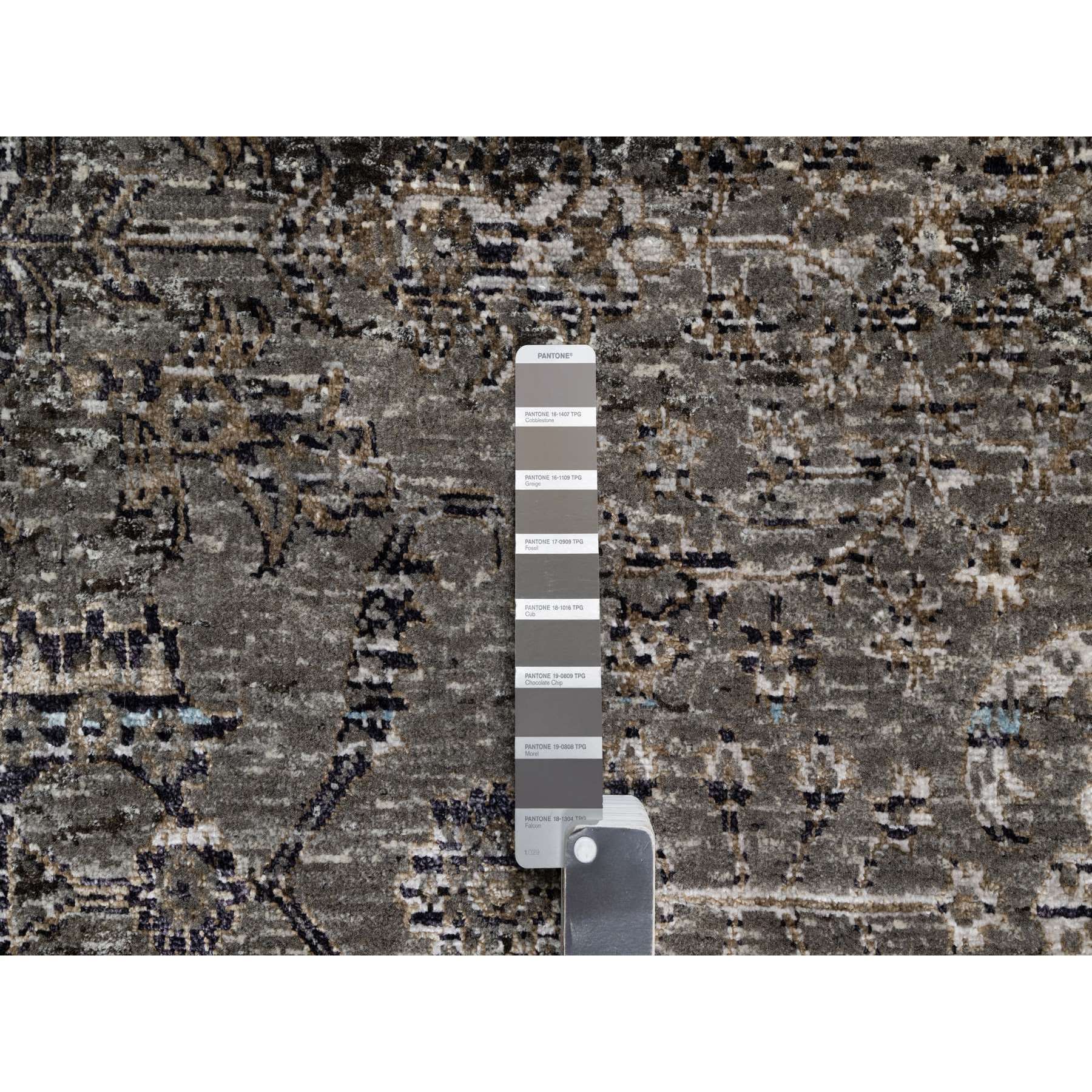 8'x9'10" Intense Gray, Hand Knotted, Transitional Persian Influence Erased Medallion Design, Silk with Textured Wool, Oriental Rug Sh90955