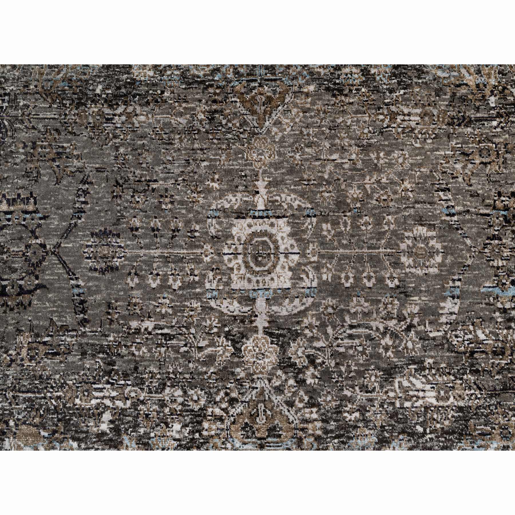 8'x9'10" Intense Gray, Hand Knotted, Transitional Persian Influence Erased Medallion Design, Silk with Textured Wool, Oriental Rug Sh90955