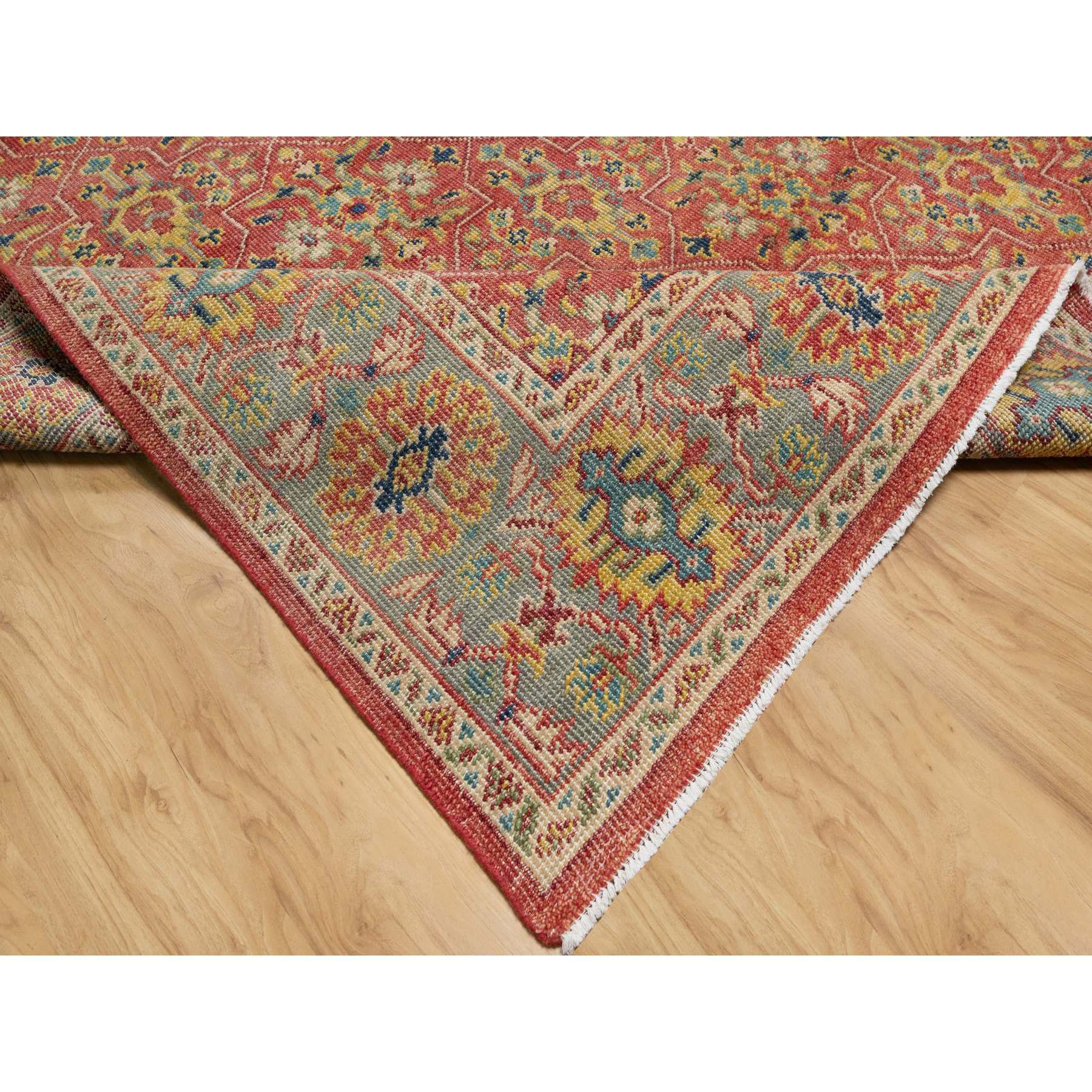 9'x11'10" Rythmic Red With Desaturated Green, Antiqued Oushak Reimagined, Sheared Low, 100% Wool, Hand Knotted Repetitive Star and Rosette Design Oriental Rug Sh90957