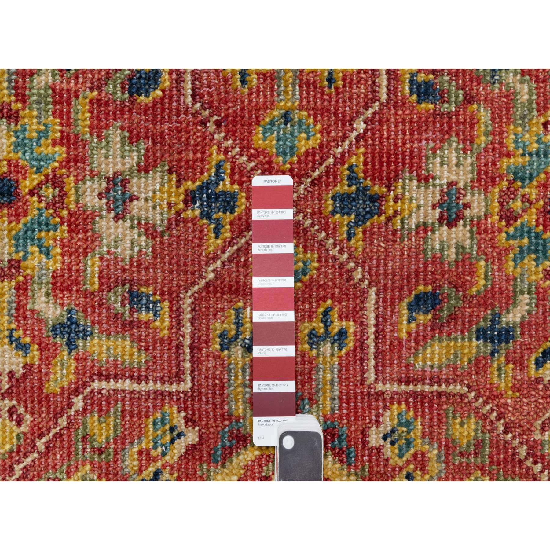 9'x11'10" Rythmic Red With Desaturated Green, Antiqued Oushak Reimagined, Sheared Low, 100% Wool, Hand Knotted Repetitive Star and Rosette Design Oriental Rug Sh90957