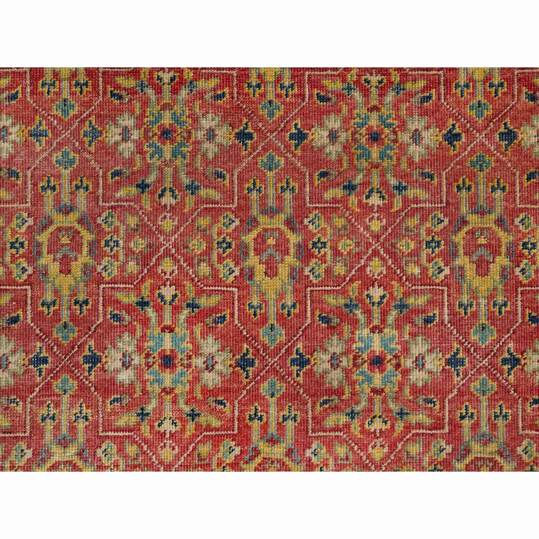 9'x11'10" Rythmic Red With Desaturated Green, Antiqued Oushak Reimagined, Sheared Low, 100% Wool, Hand Knotted Repetitive Star and Rosette Design Oriental Rug Sh90957