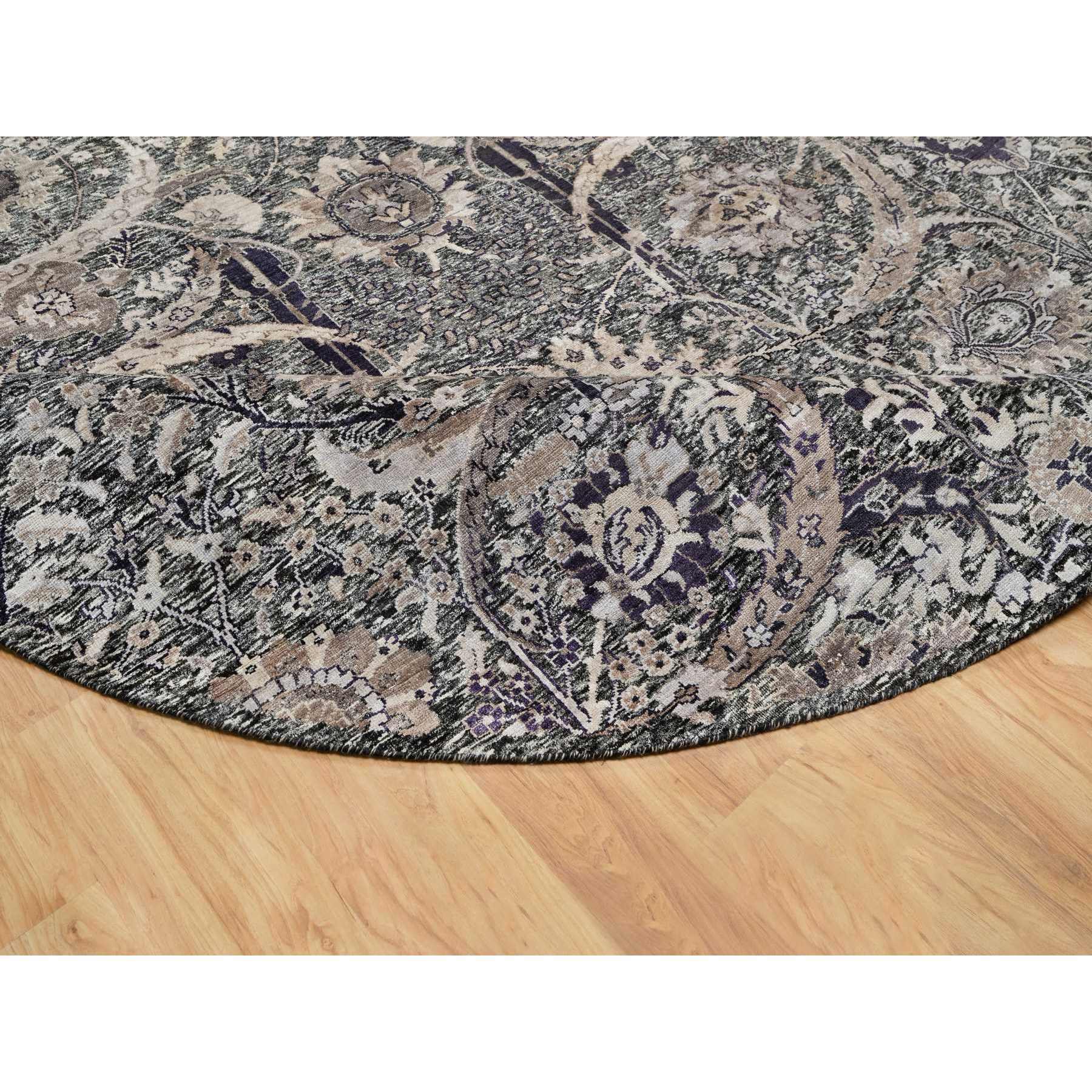 10'x10' Timber Wolf Brown, Wool and Silk, Hand Knotted, Sickle Leaf Design With Essence Of Black, Plush and Lush Soft Pile, Round Oriental Rug Sh90958