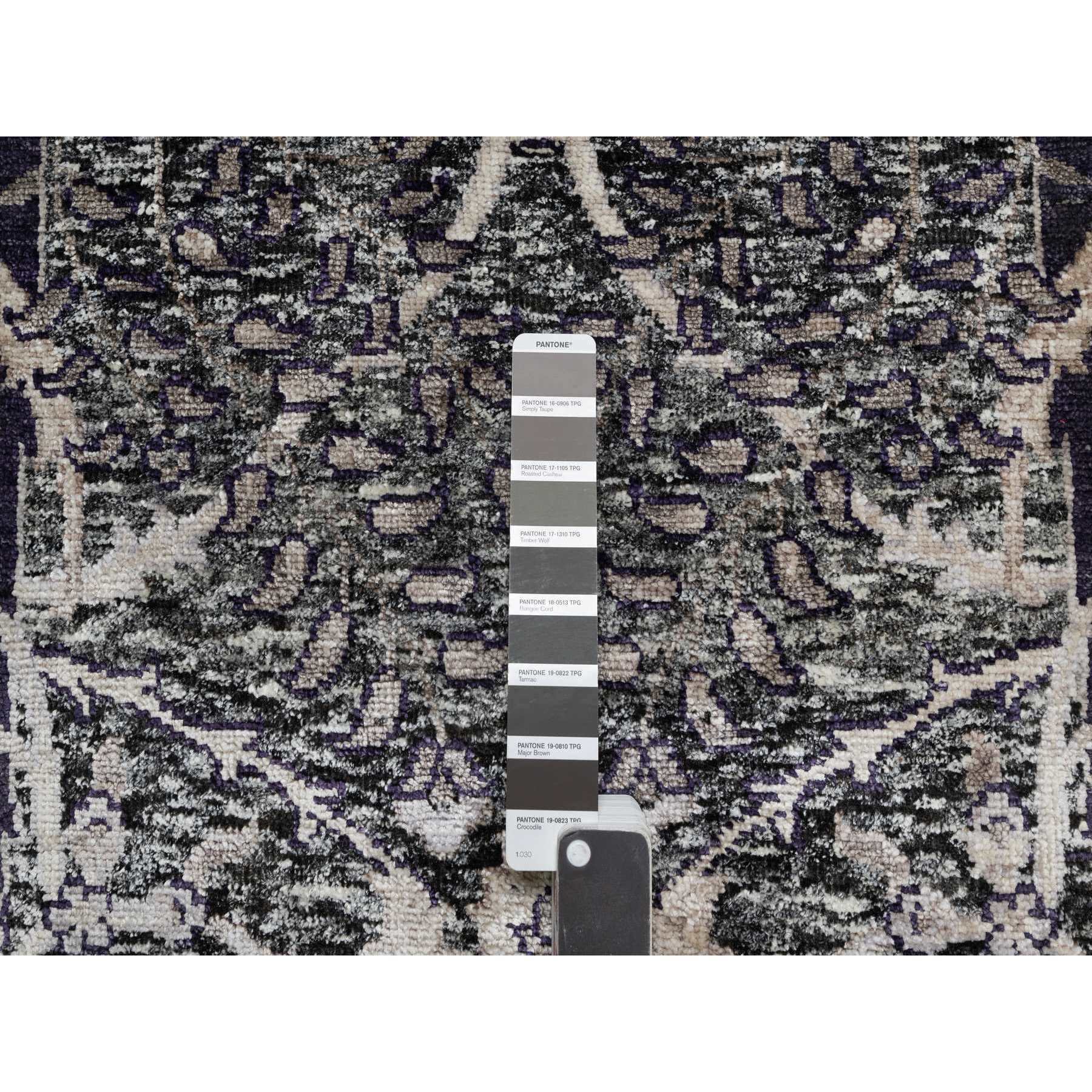 10'x10' Timber Wolf Brown, Wool and Silk, Hand Knotted, Sickle Leaf Design With Essence Of Black, Plush and Lush Soft Pile, Round Oriental Rug Sh90958